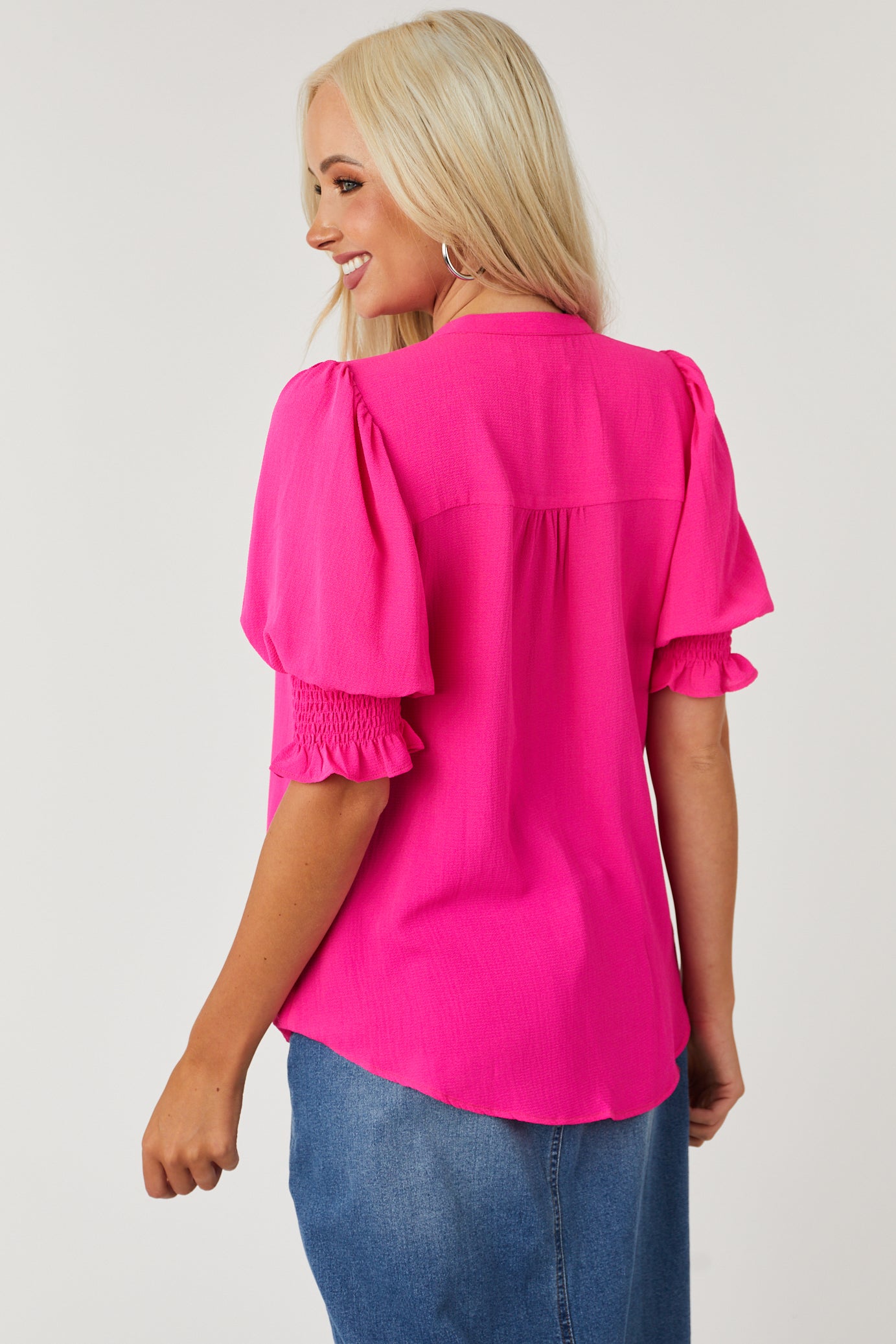 Magenta V Neck Smocked Puff Sleeve Blouse