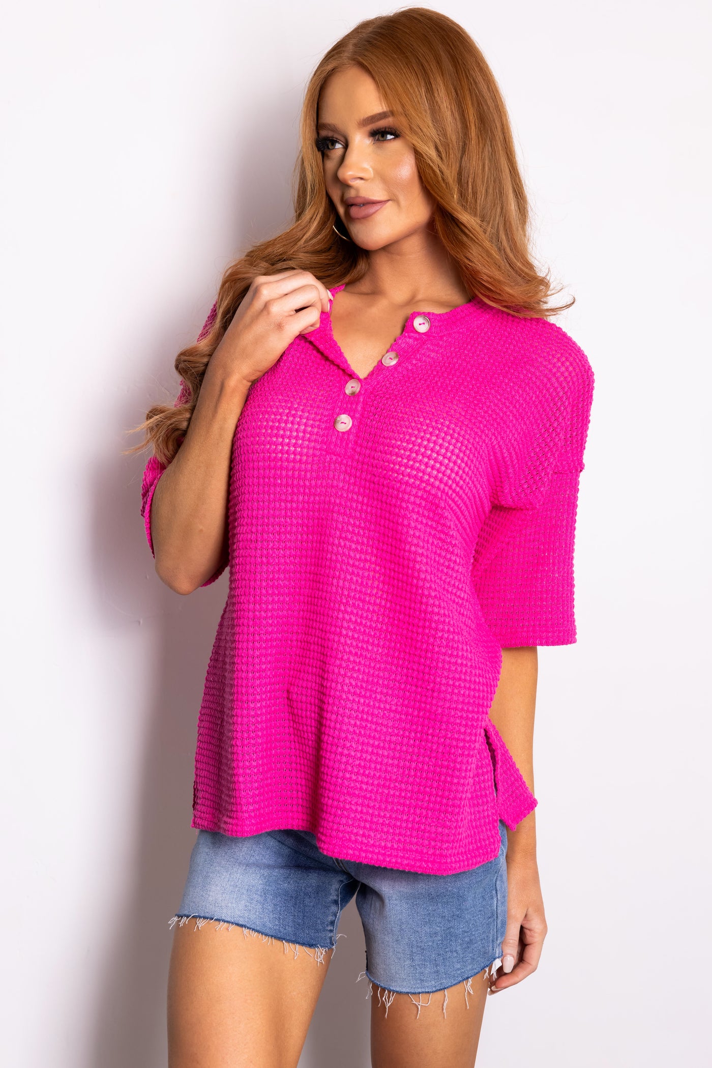 Magenta Waffle Knit Half Sleeve Button Top