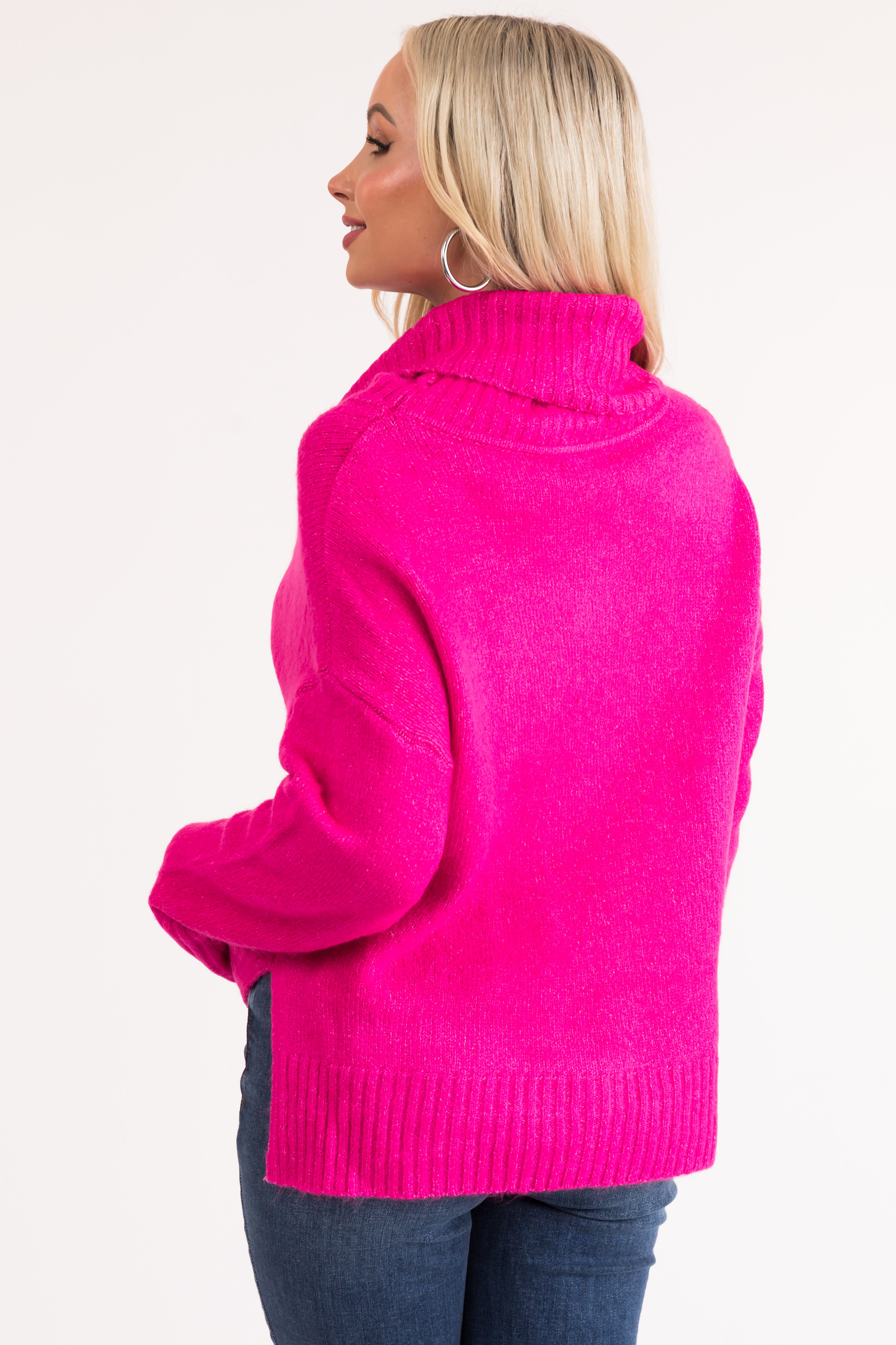 Magenta Wide Turtleneck Side Slit Sweater