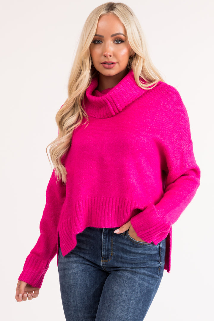 Magenta Wide Turtleneck Side Slit Sweater