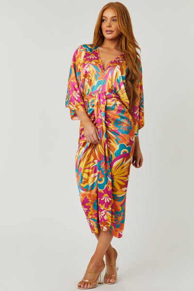 Magenta and Fire Gathered Front Midi Dress