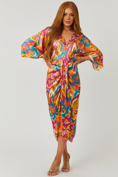 Magenta and Fire Gathered Front Midi Dress