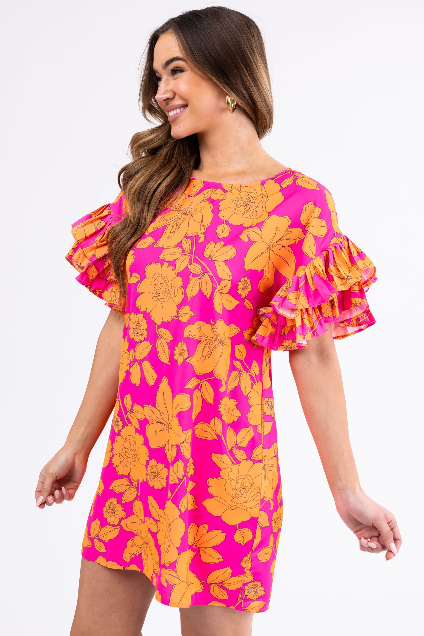 Magenta and Tangerine Floral Print Short Dress