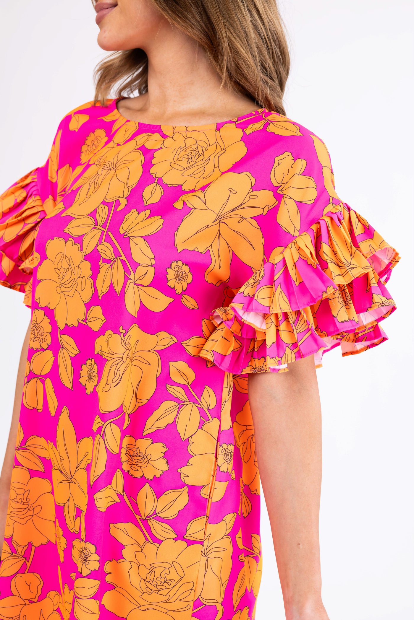 Magenta and Tangerine Floral Print Short Dress