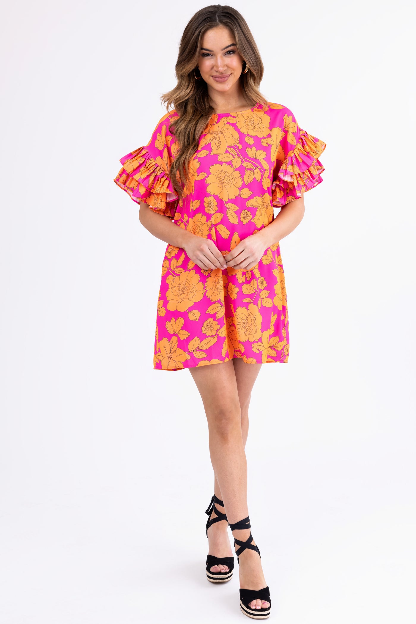 Magenta and Tangerine Floral Print Short Dress