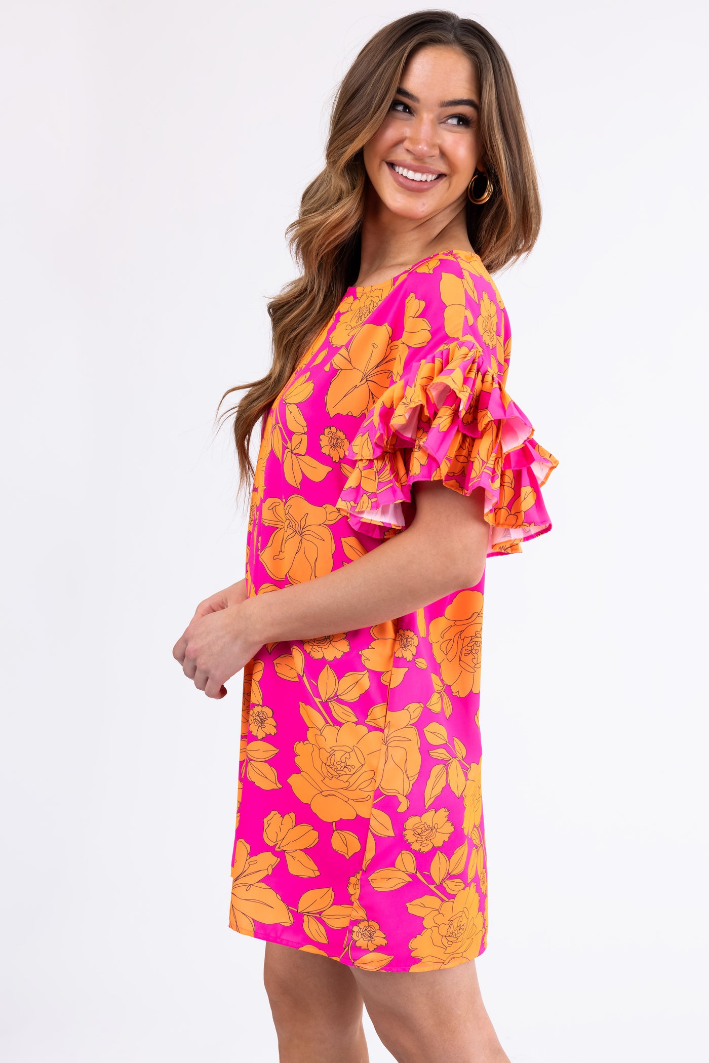 Magenta and Tangerine Floral Print Short Dress