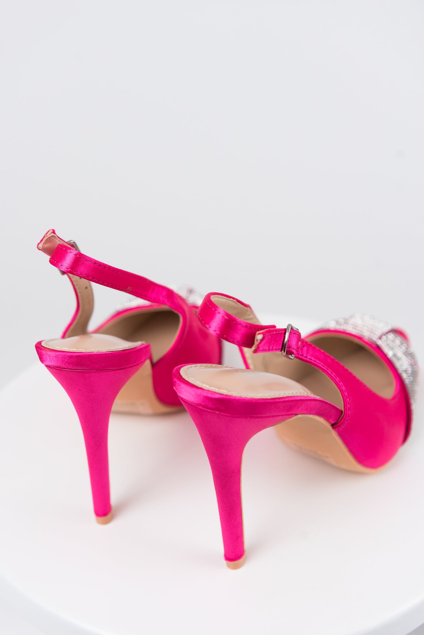 Magenta Rhinestone Bow Satin Pointed Toe Heels