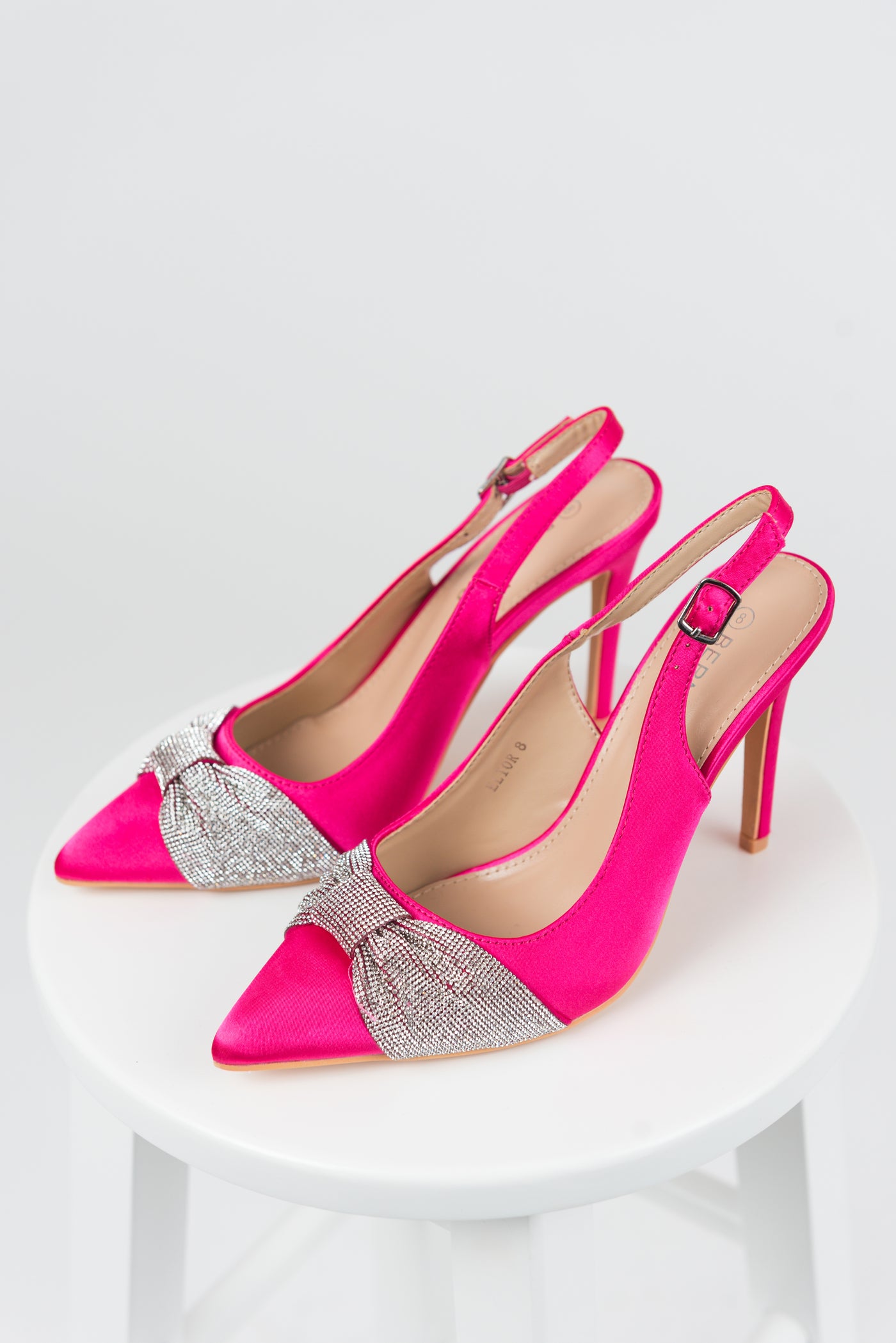 Magenta Rhinestone Bow Satin Pointed Toe Heels