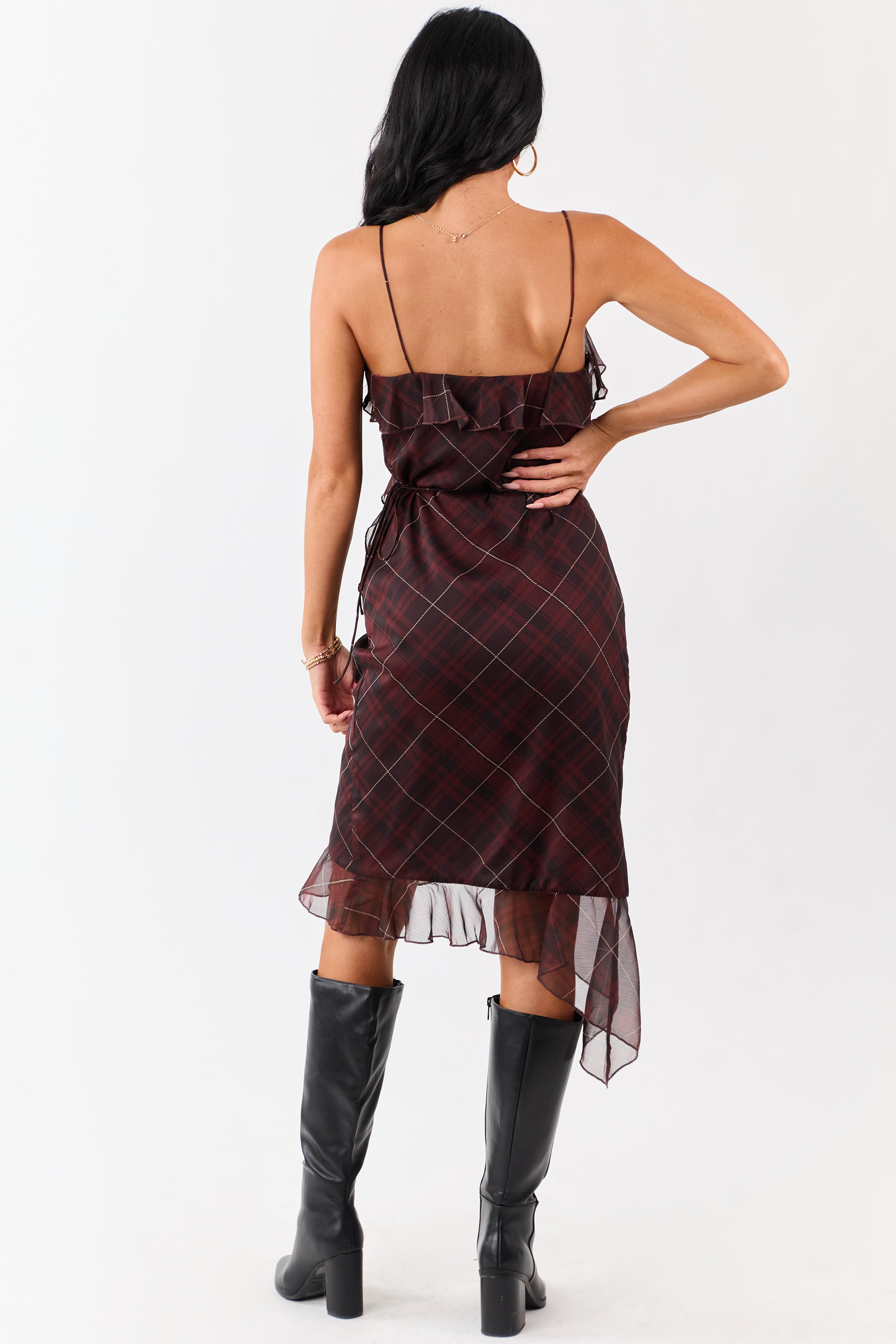 Mahogany Plaid Ruffled Wrap Style Short Dress