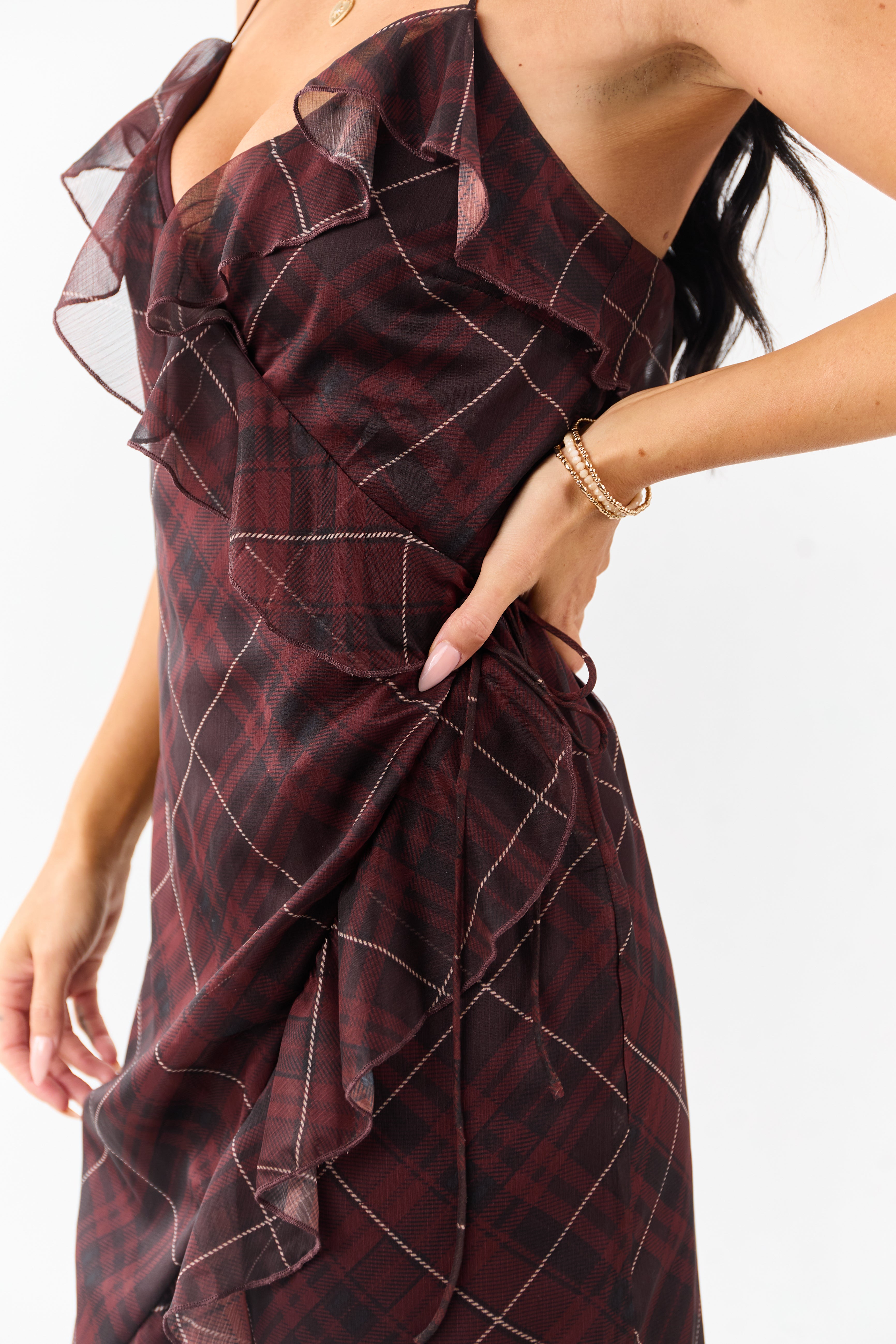 Mahogany Plaid Ruffled Wrap Style Short Dress