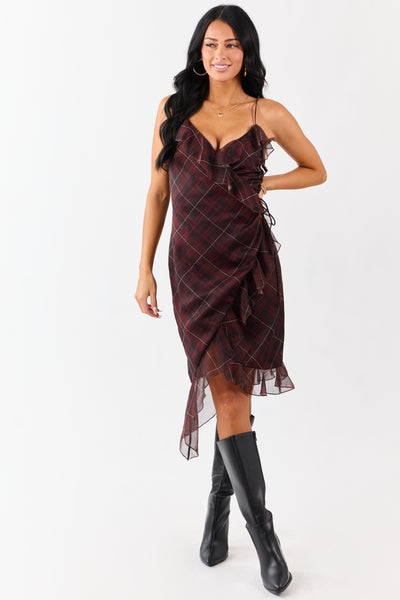 Mahogany Plaid Ruffled Wrap Style Short Dress
