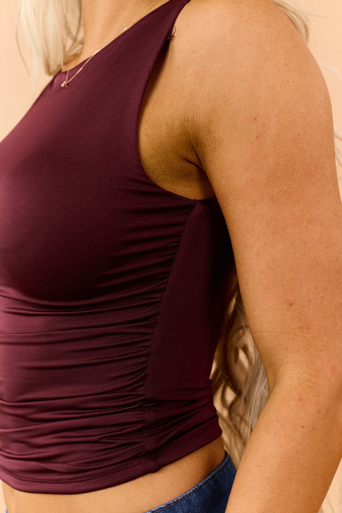 Mahogany Ruched Boatneck Stretchy Tank Top