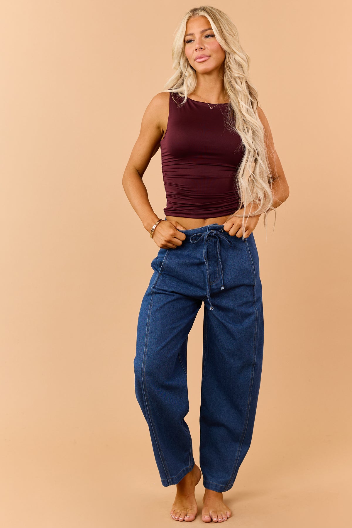 Mahogany Ruched Boatneck Stretchy Tank Top