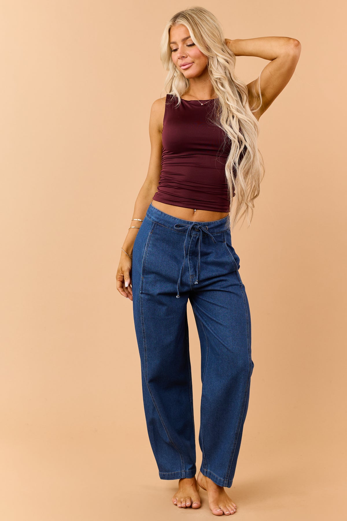 Mahogany Ruched Boatneck Stretchy Tank Top