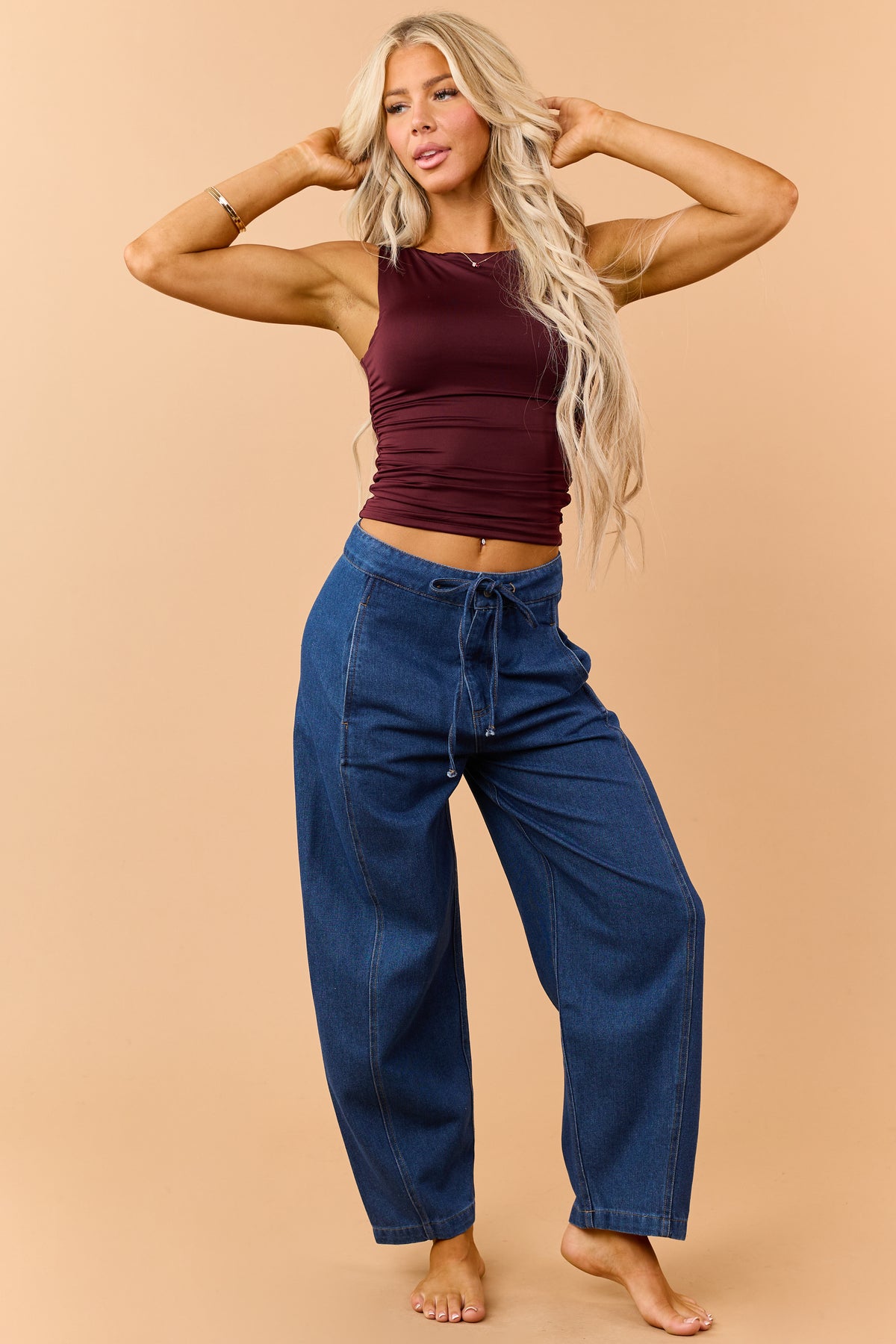 Mahogany Ruched Boatneck Stretchy Tank Top