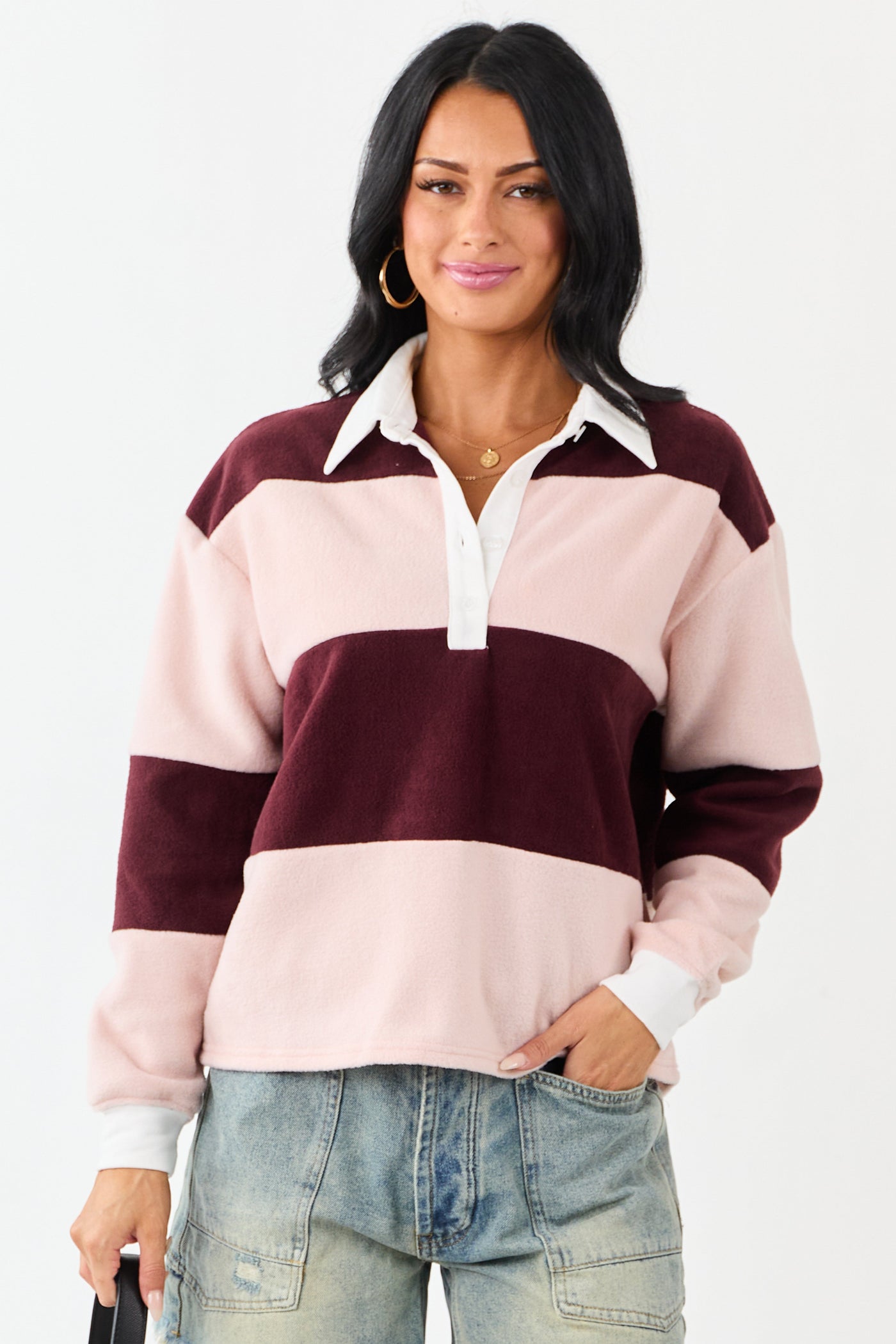 Mahogany Rugby Stripe Fleece Long Sleeve Polo Top