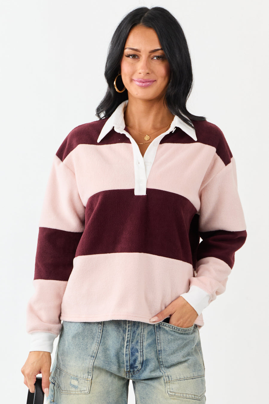 Mahogany Rugby Stripe Fleece Long Sleeve Polo Top