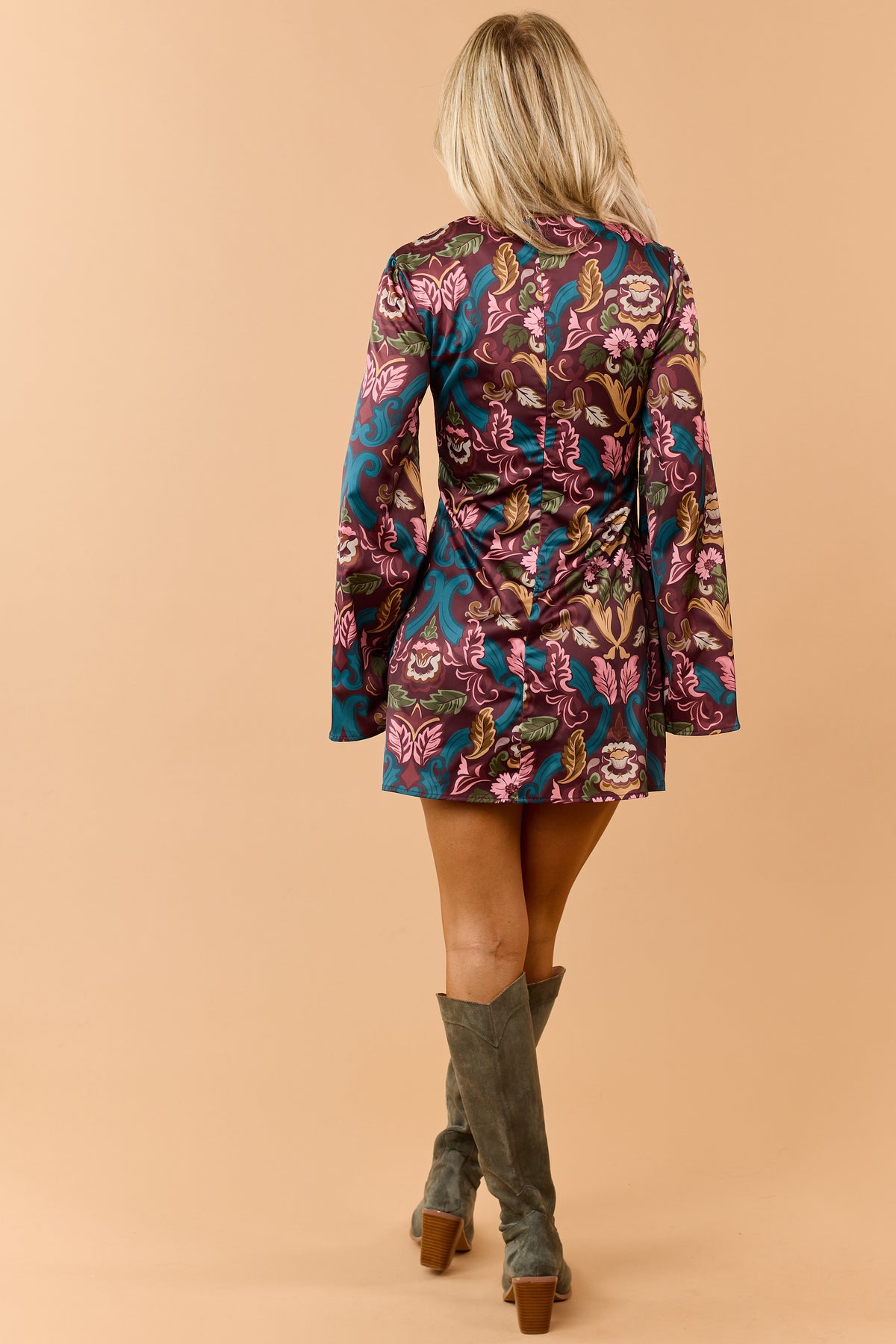 Mahogany Wine Floral Satin Bell Sleeve Mini Dress