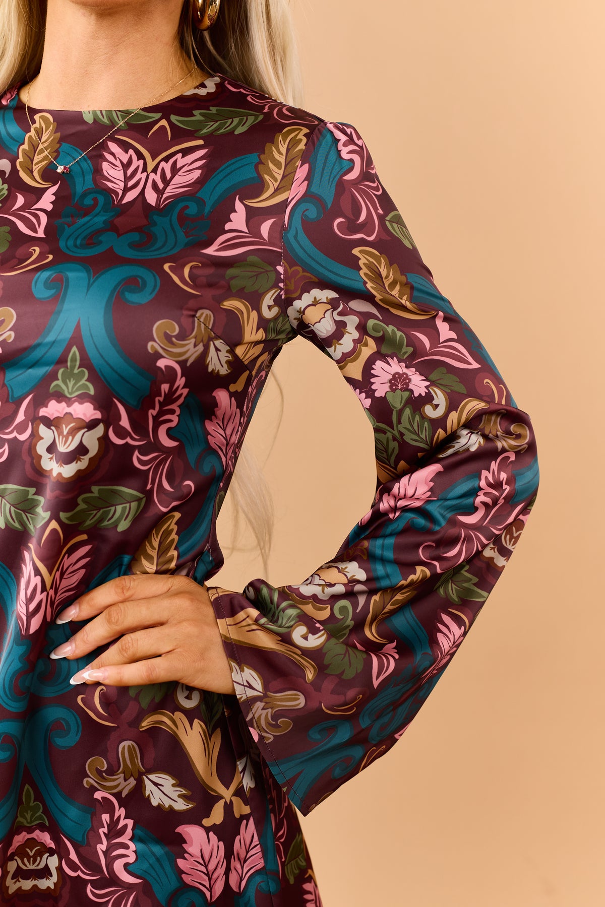 Mahogany Wine Floral Satin Bell Sleeve Mini Dress