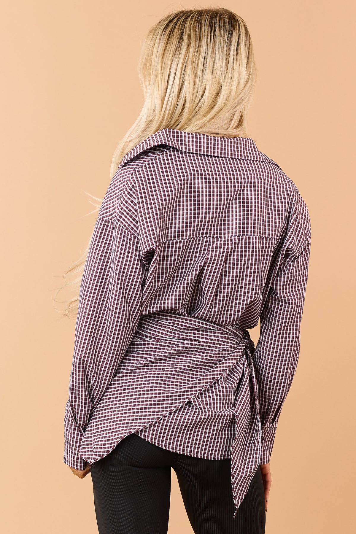 Mahogany Wine Plaid Button Down Top with Scarf