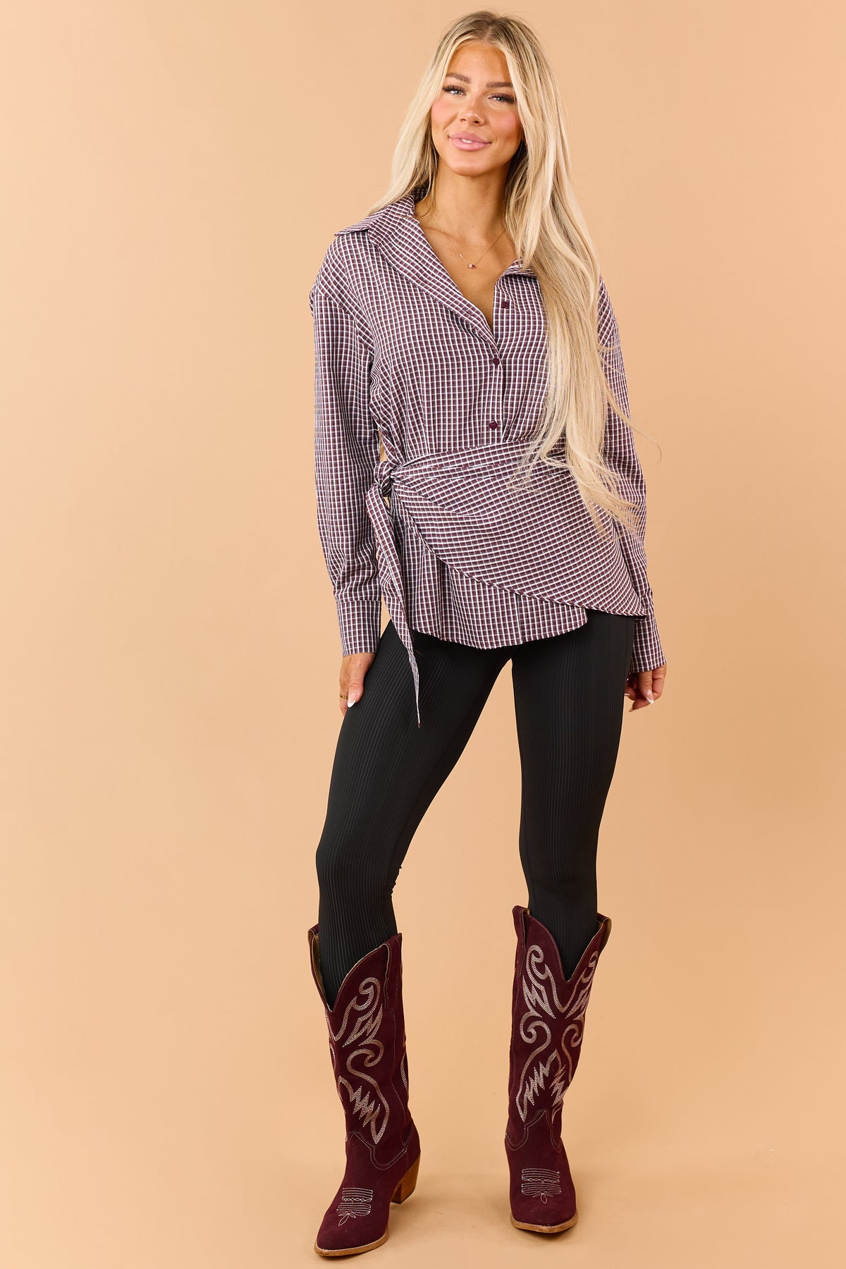 Mahogany Wine Plaid Button Down Top with Scarf