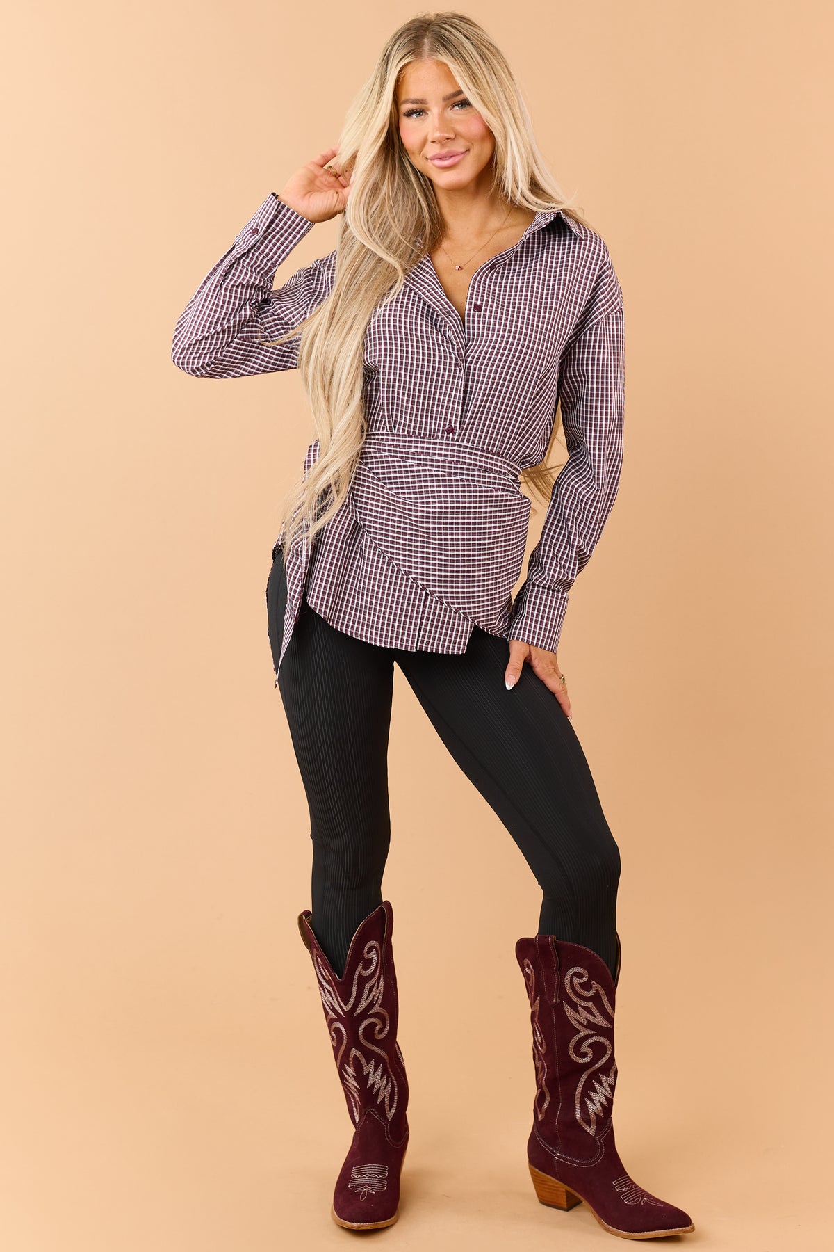 Mahogany Wine Plaid Button Down Top with Scarf