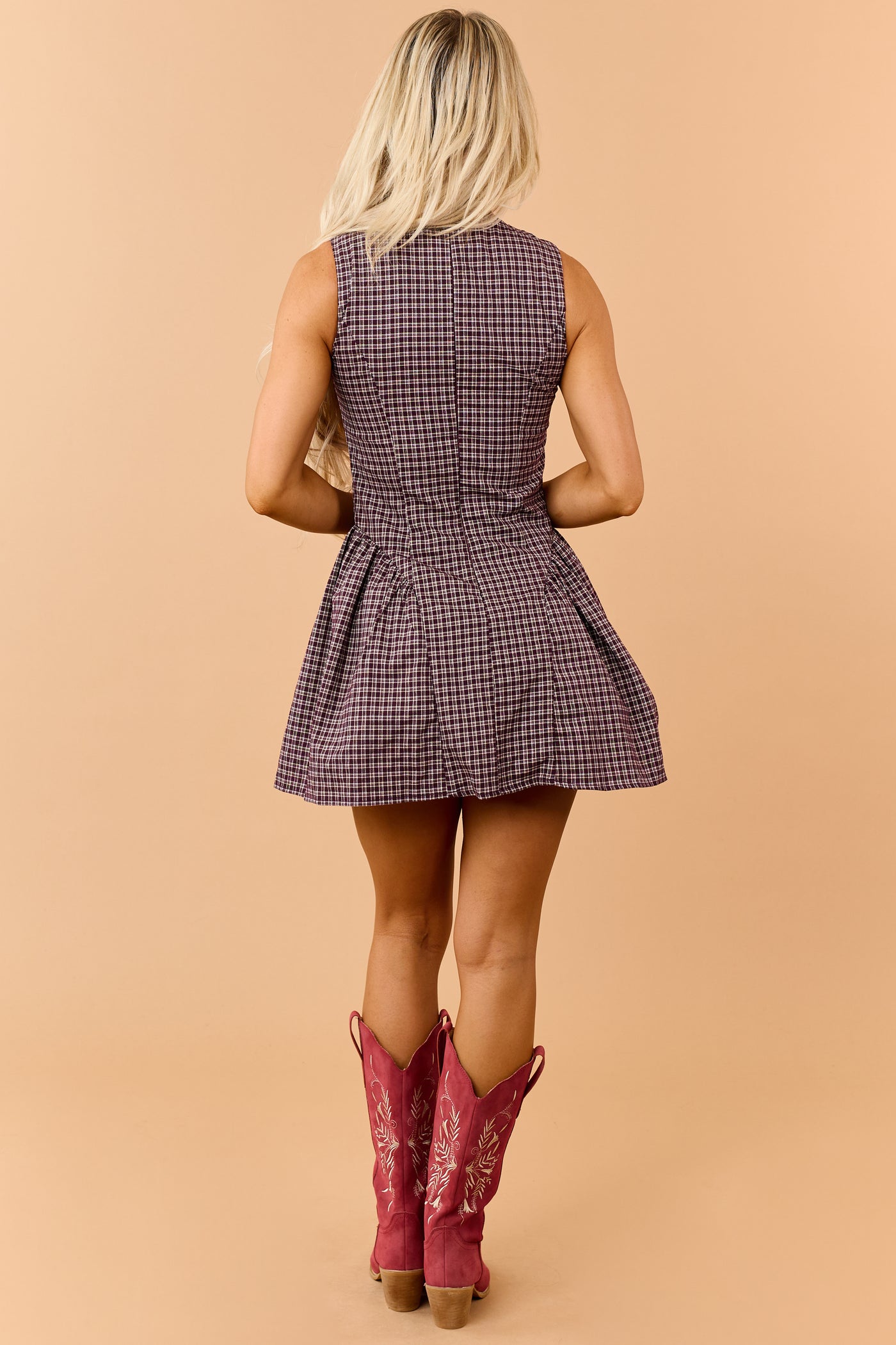 Mahogany Wine Plaid High Neck Sleeveless Mini Dress