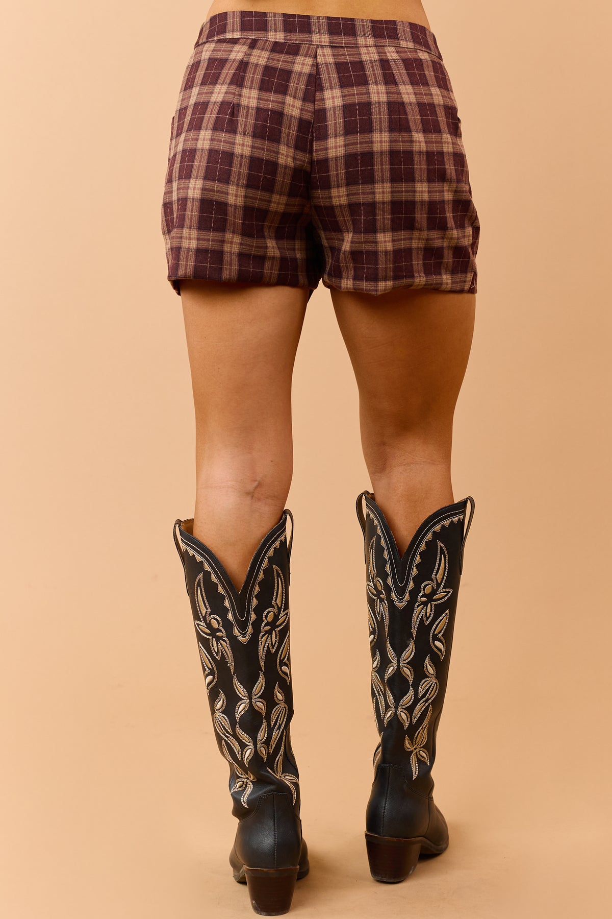 Mahogany Wine Plaid High Rise Shorts with Pockets