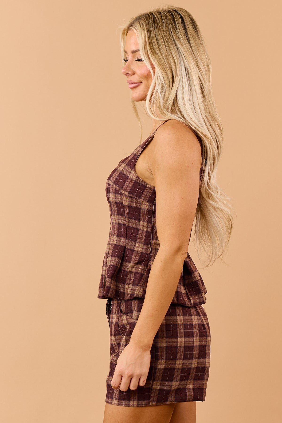 Mahogany Wine Plaid Smocked Back Peplum Tank Top
