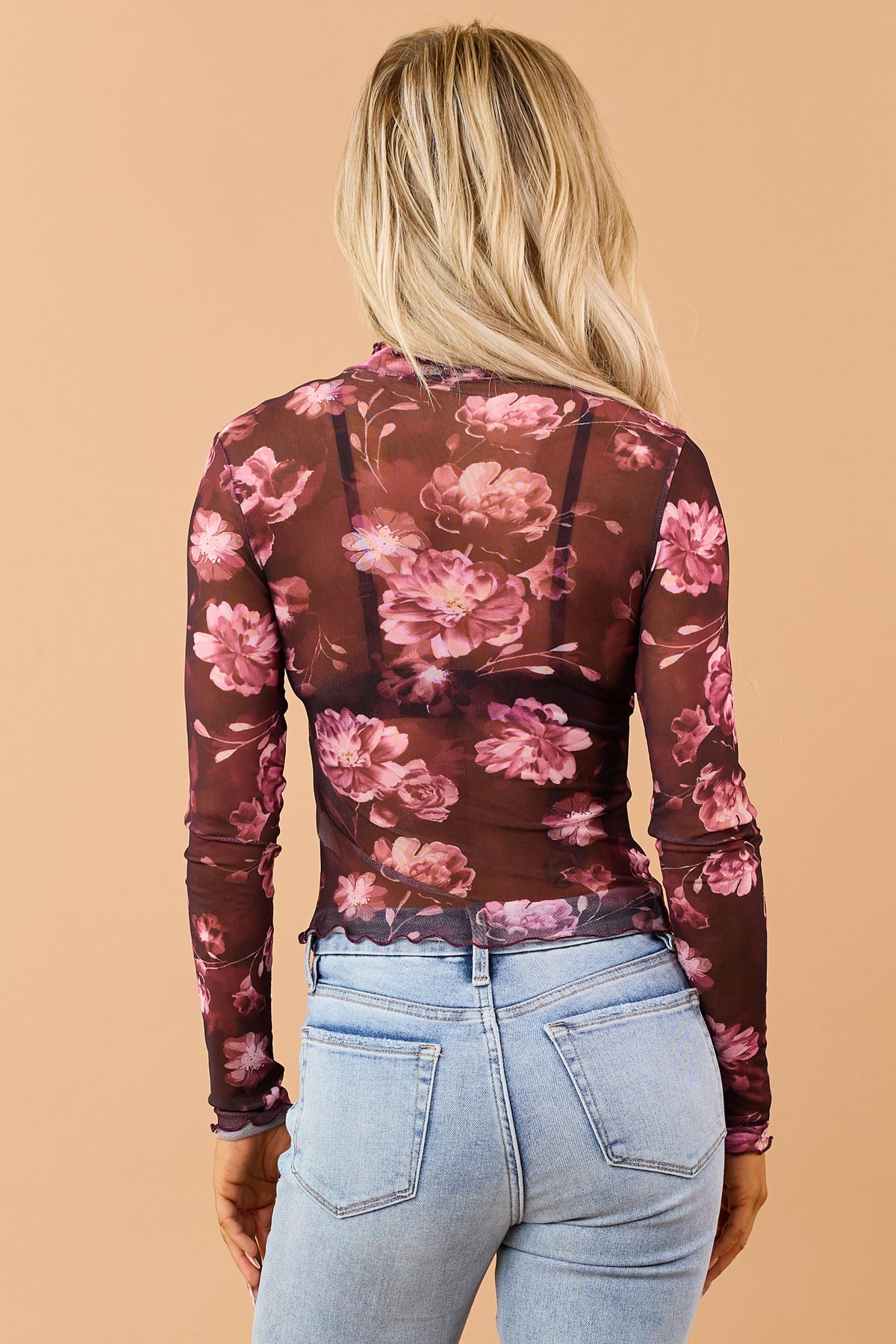 Mahogany Wine Sheer Mesh Floral Long Sleeve Top