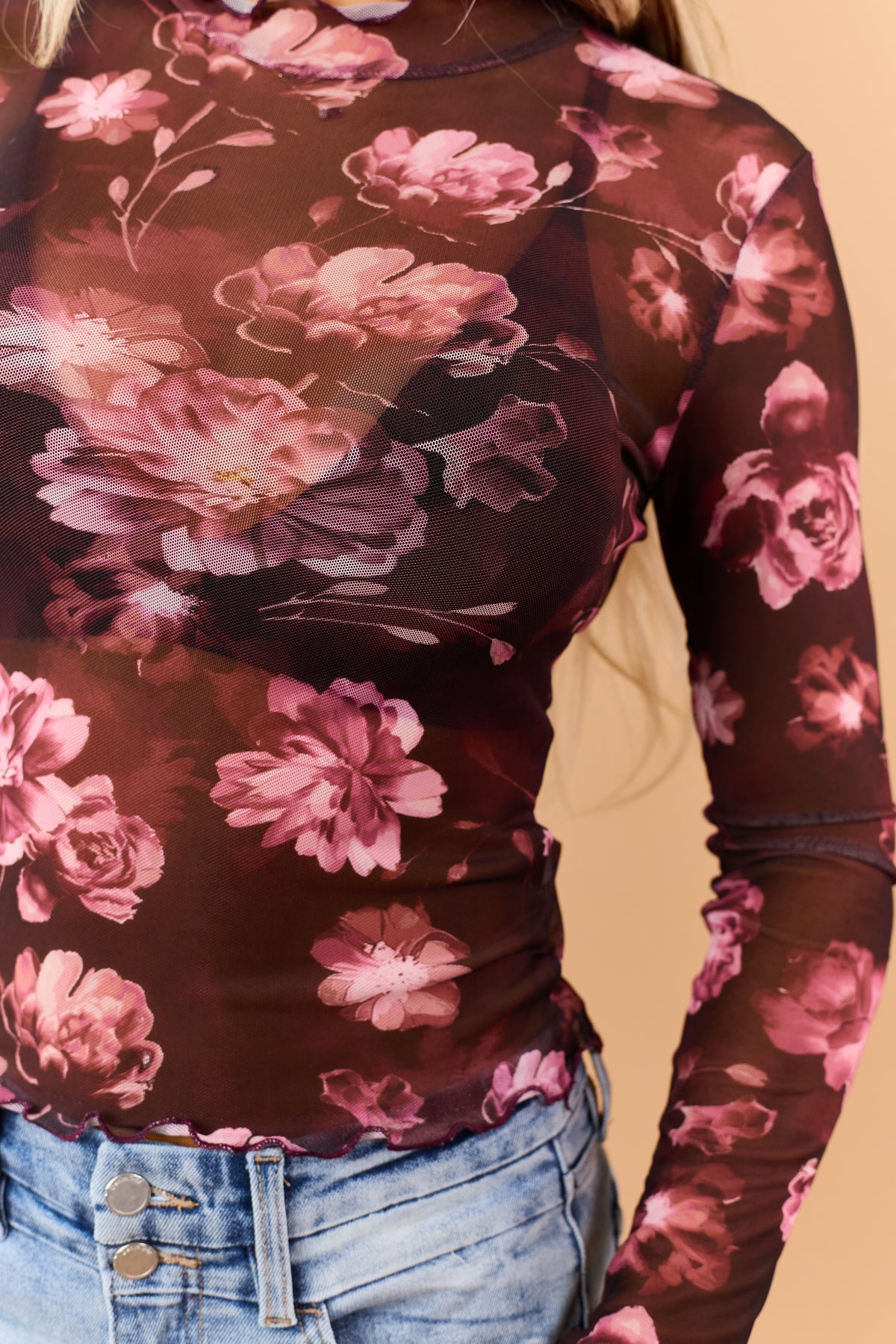 Mahogany Wine Sheer Mesh Floral Long Sleeve Top
