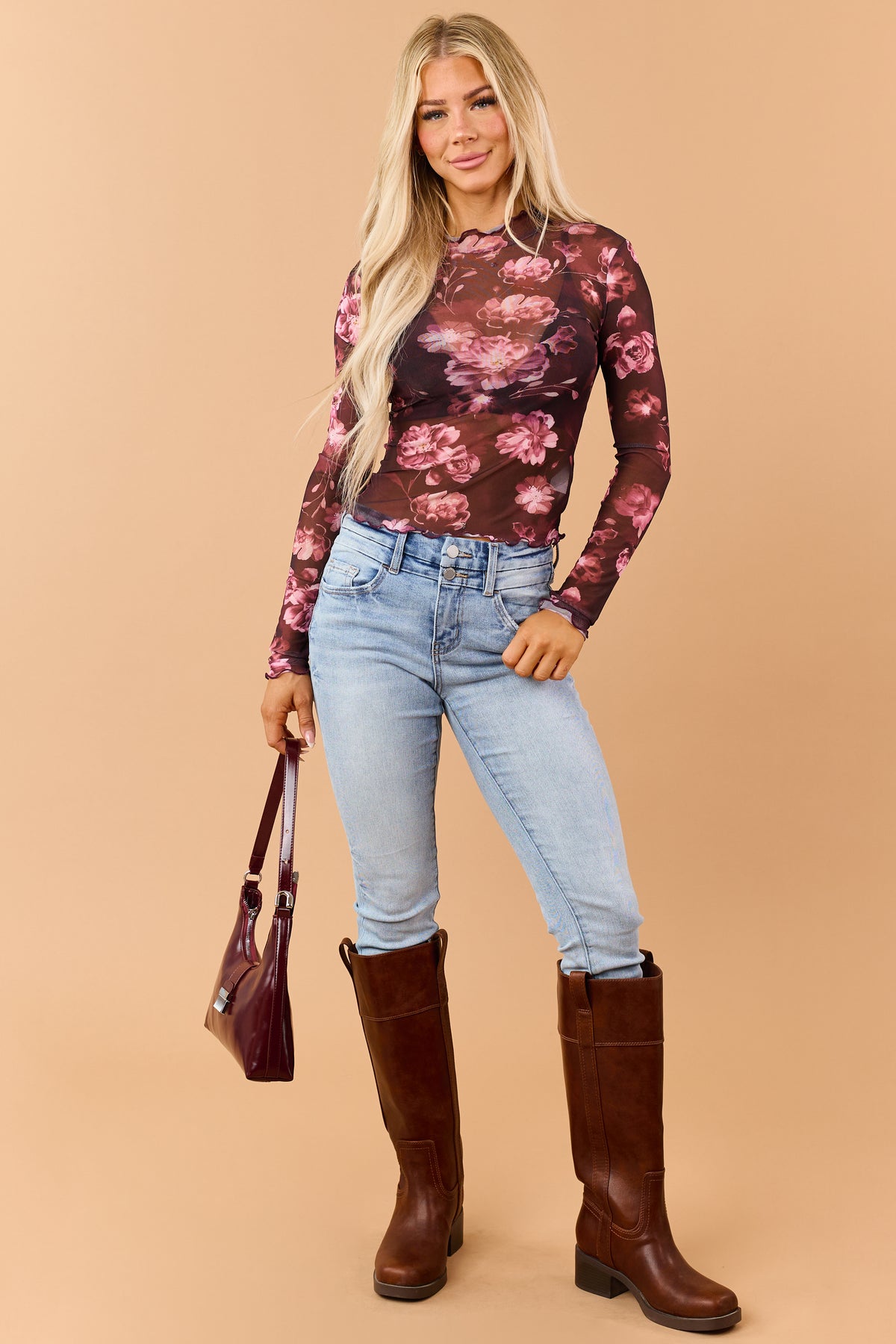 Mahogany Wine Sheer Mesh Floral Long Sleeve Top