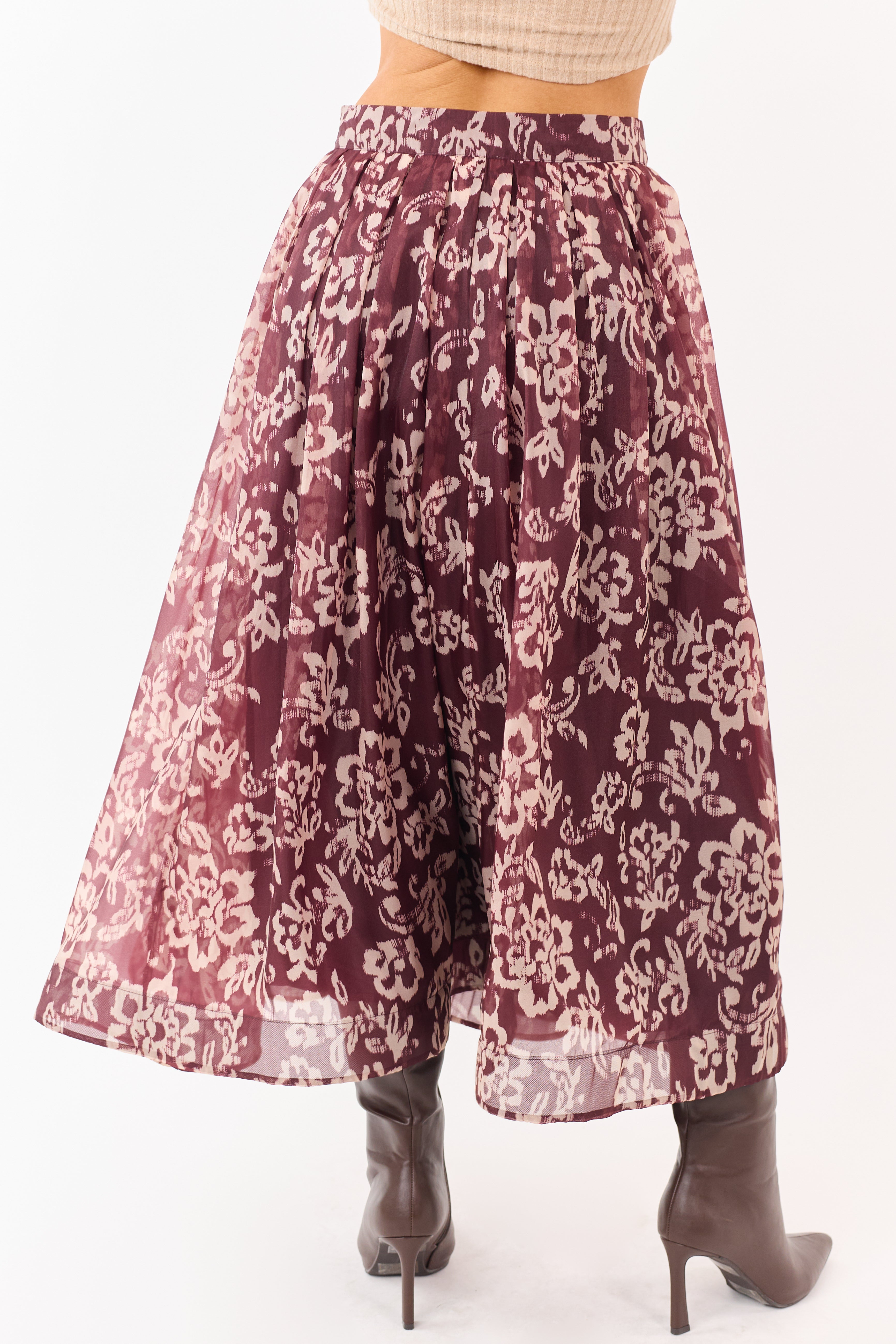 Mahogany and Latte Floral Print Pleated Midi Skirt