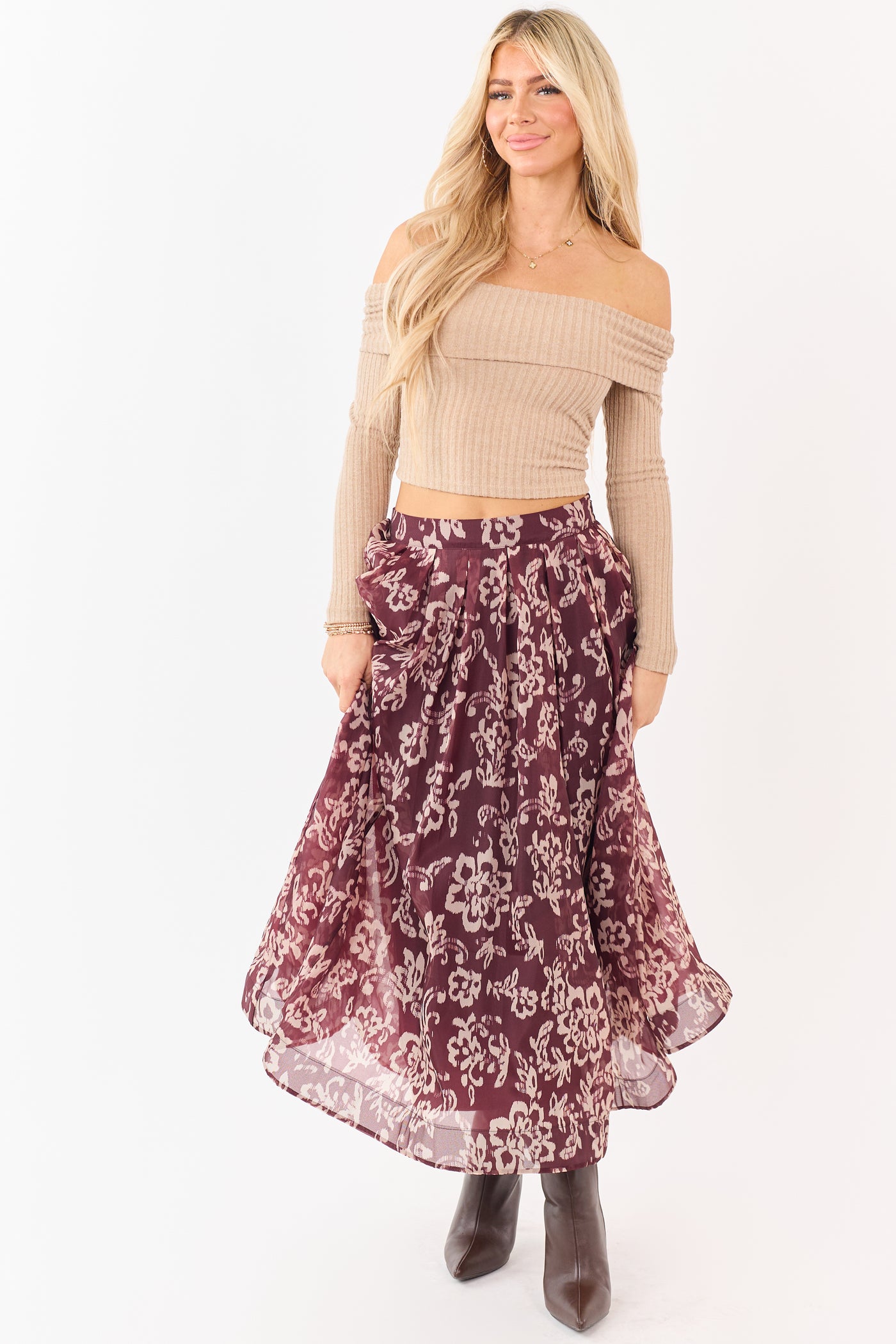 Mahogany and Latte Floral Print Pleated Midi Skirt