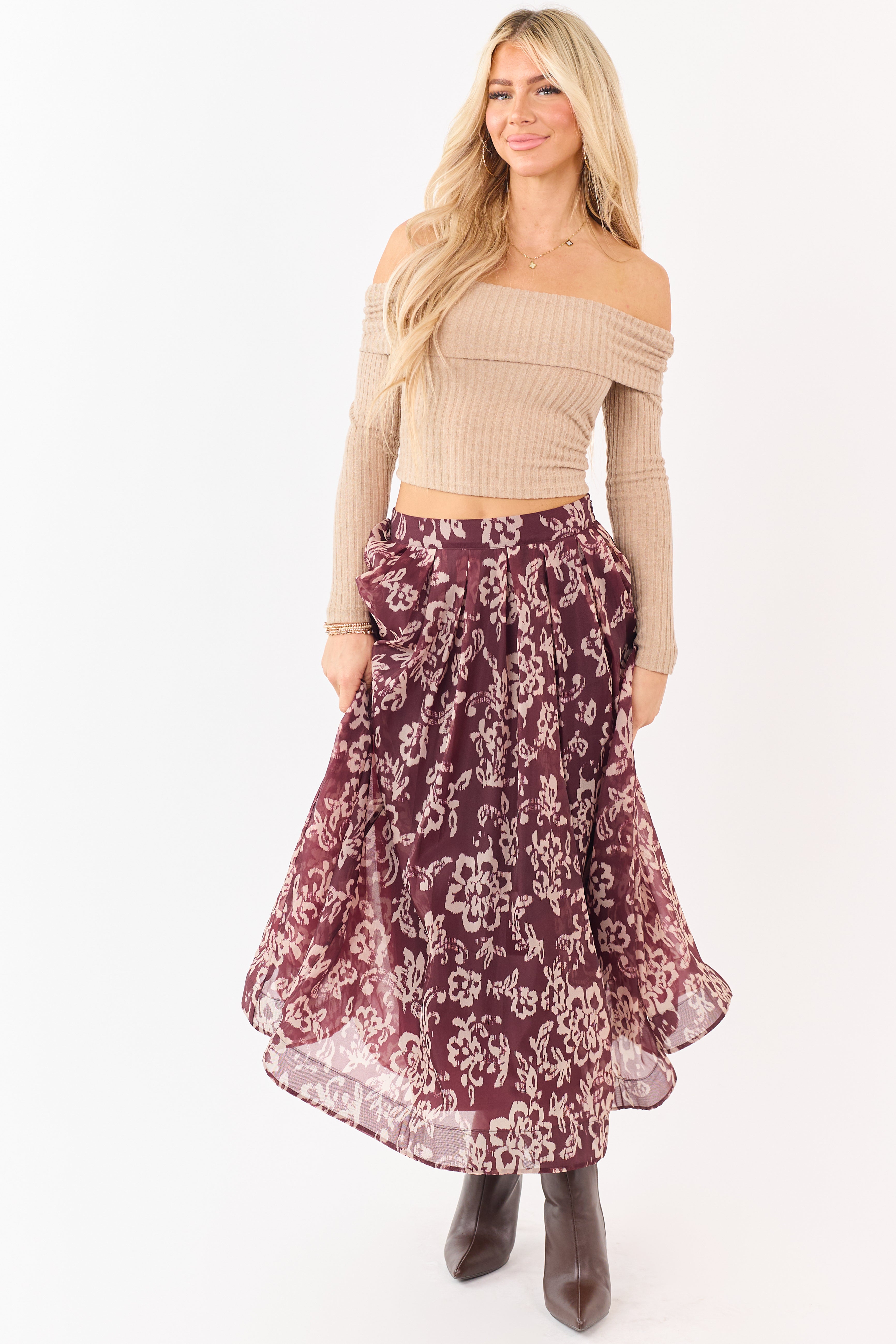 Mahogany and Latte Floral Print Pleated Midi Skirt