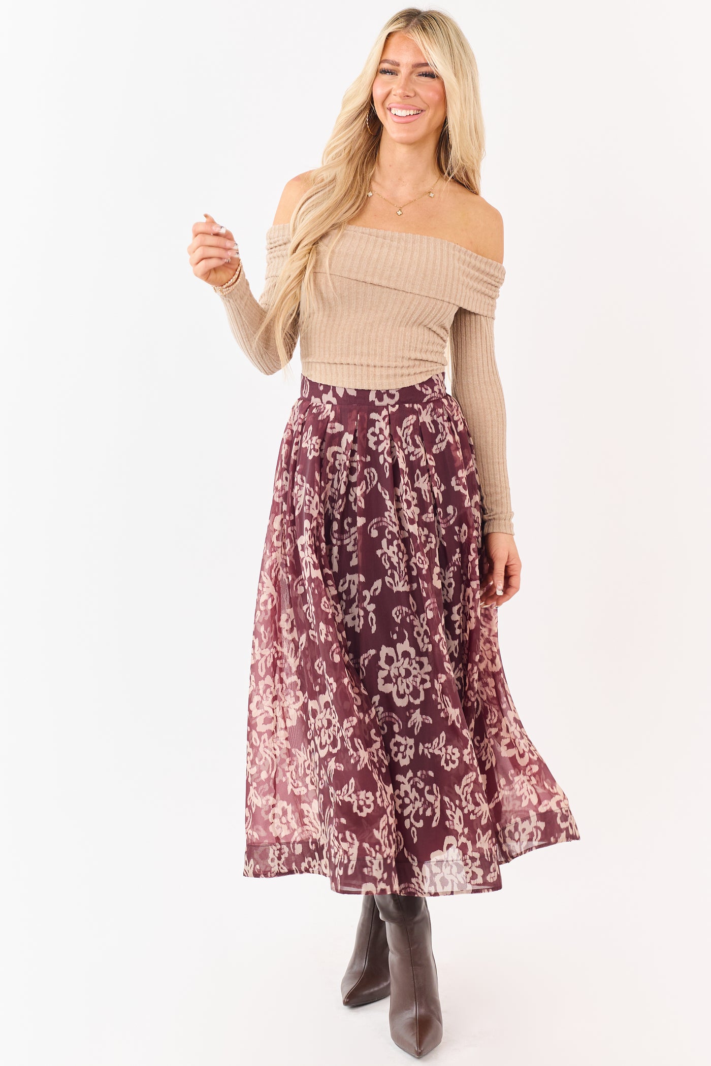 Mahogany and Latte Floral Print Pleated Midi Skirt