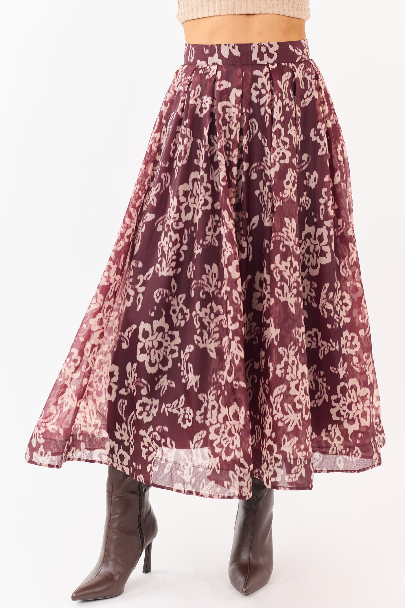 Mahogany and Latte Floral Print Pleated Midi Skirt