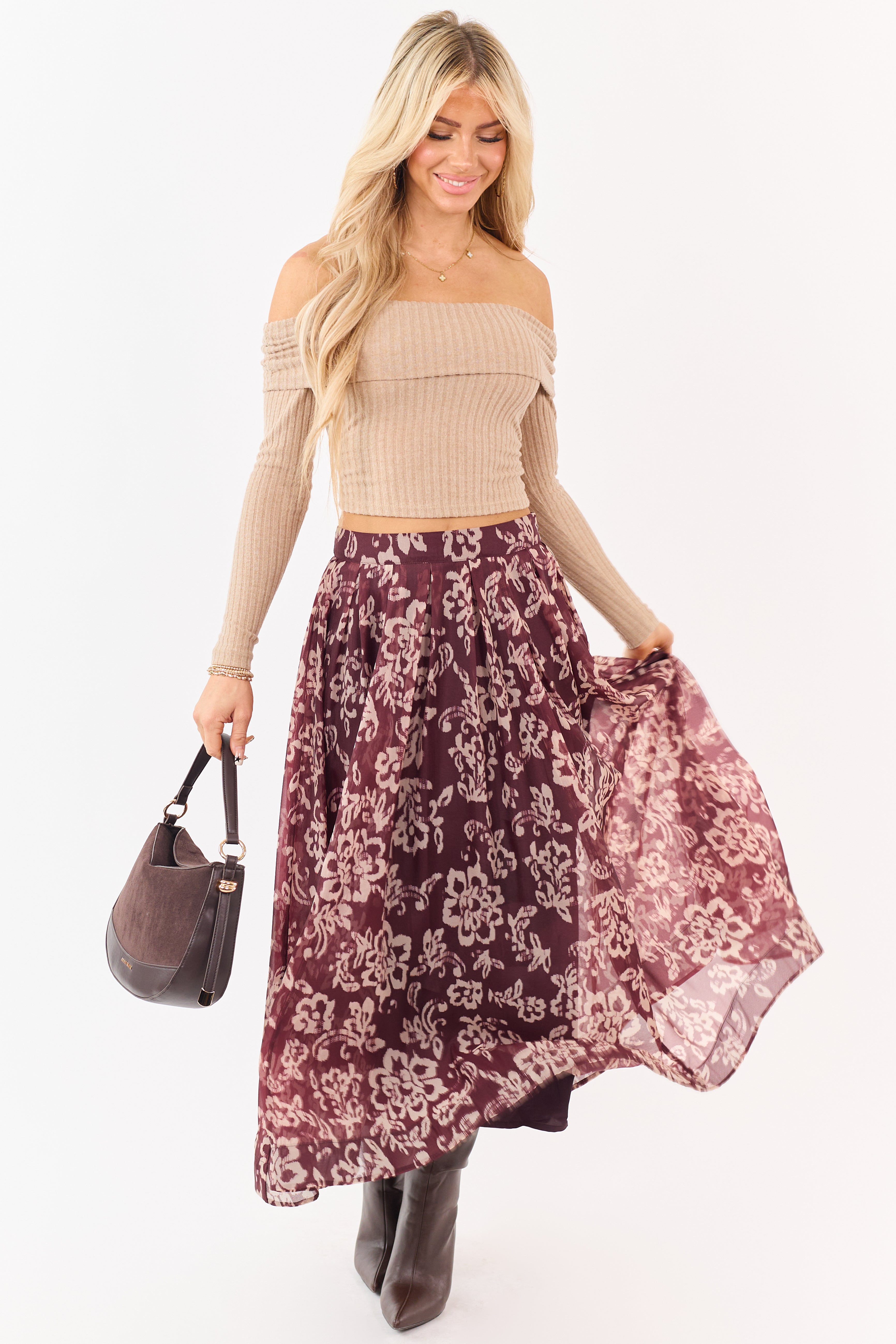 Mahogany and Latte Floral Print Pleated Midi Skirt