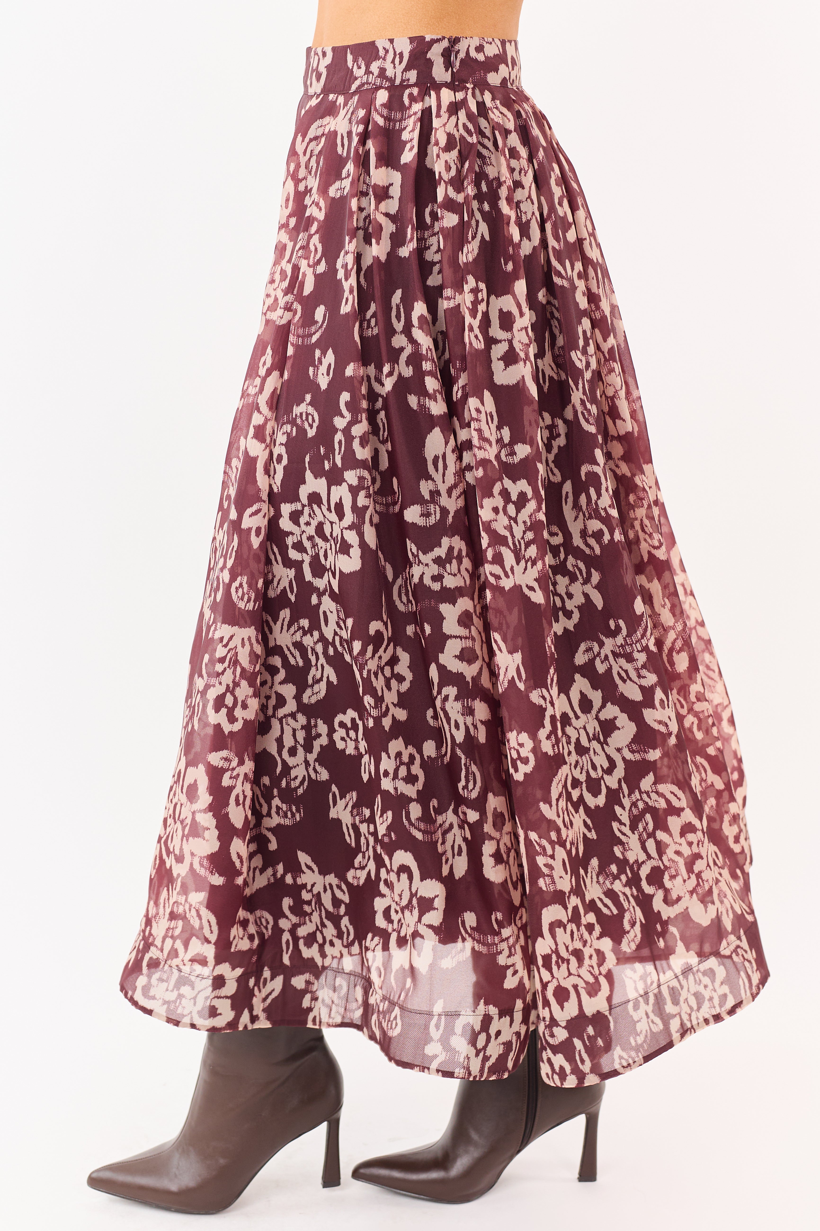 Mahogany and Latte Floral Print Pleated Midi Skirt