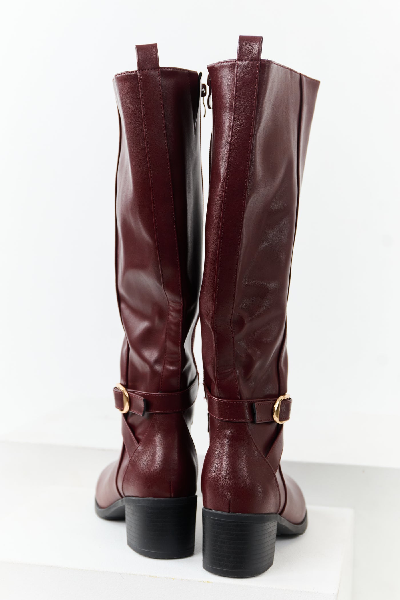Mahogany Faux Leather Knee High Block Heel Boots