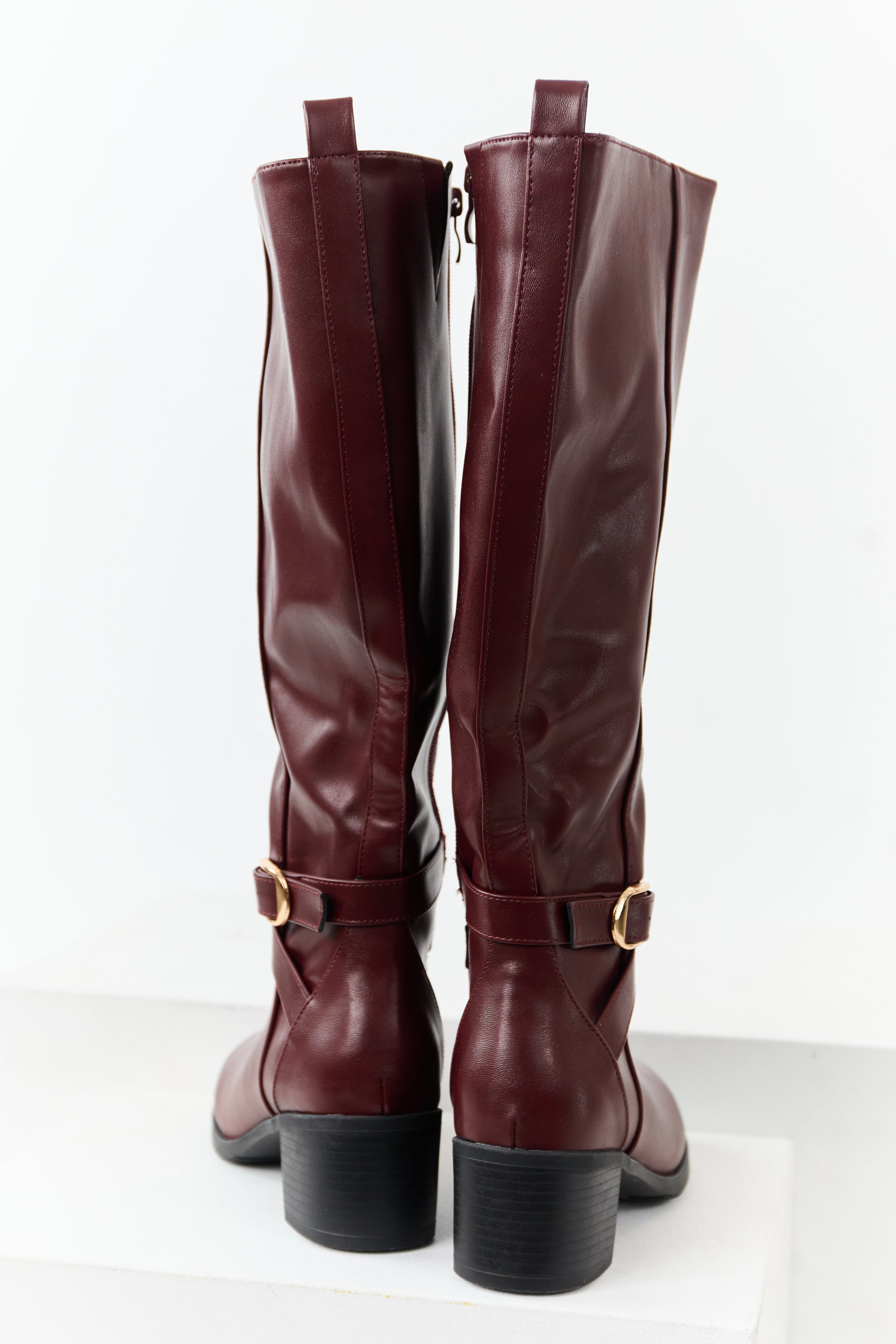 Mahogany Faux Leather Knee High Block Heel Boots