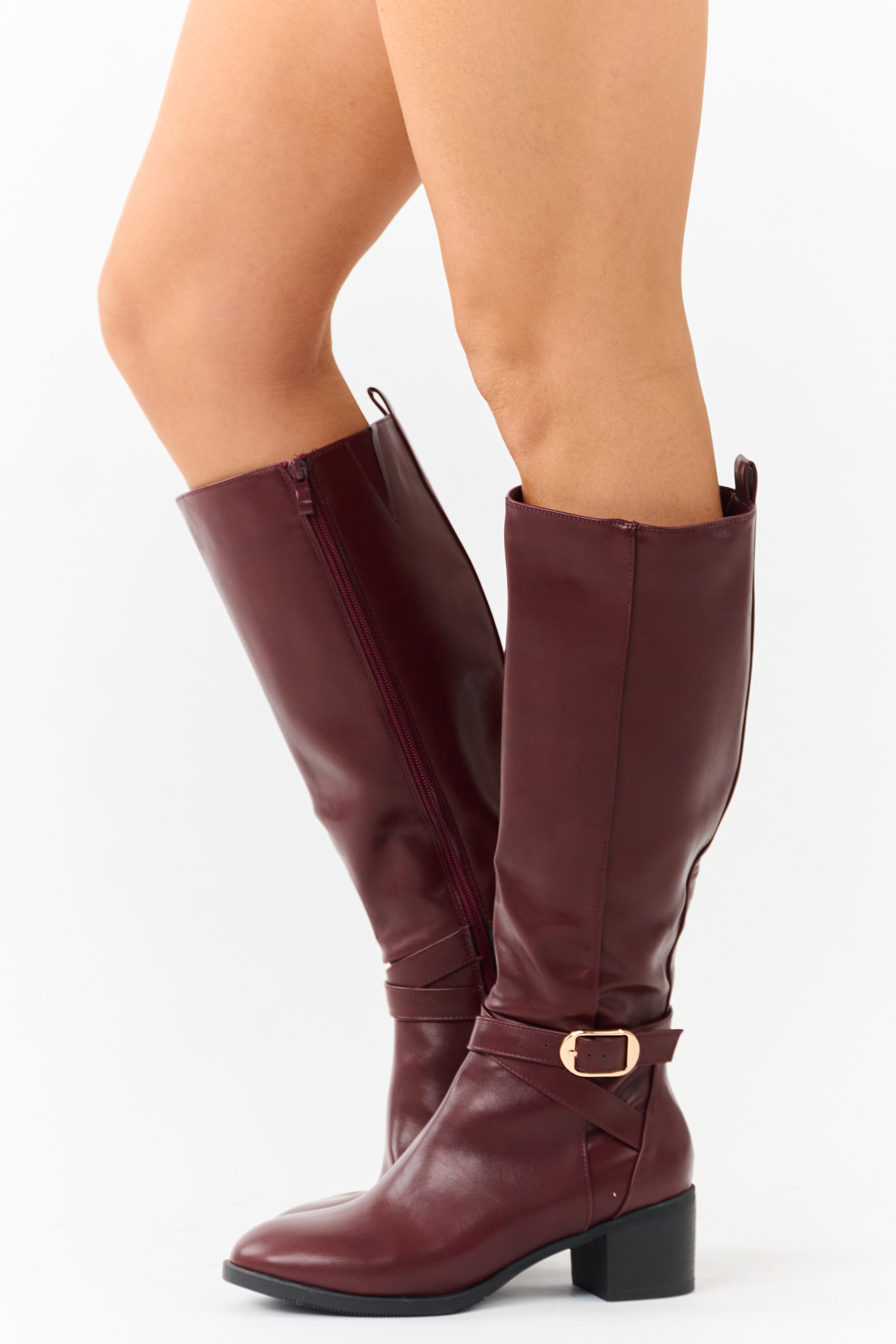Mahogany Faux Leather Knee High Block Heel Boots