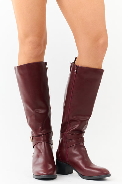 Mahogany Faux Leather Knee High Block Heel Boots
