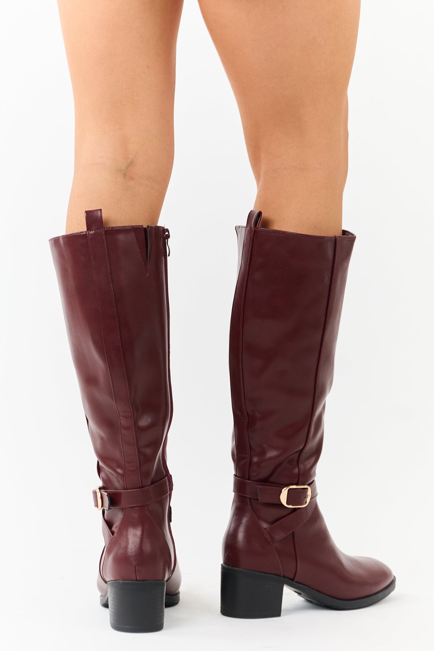 Mahogany Faux Leather Knee High Block Heel Boots