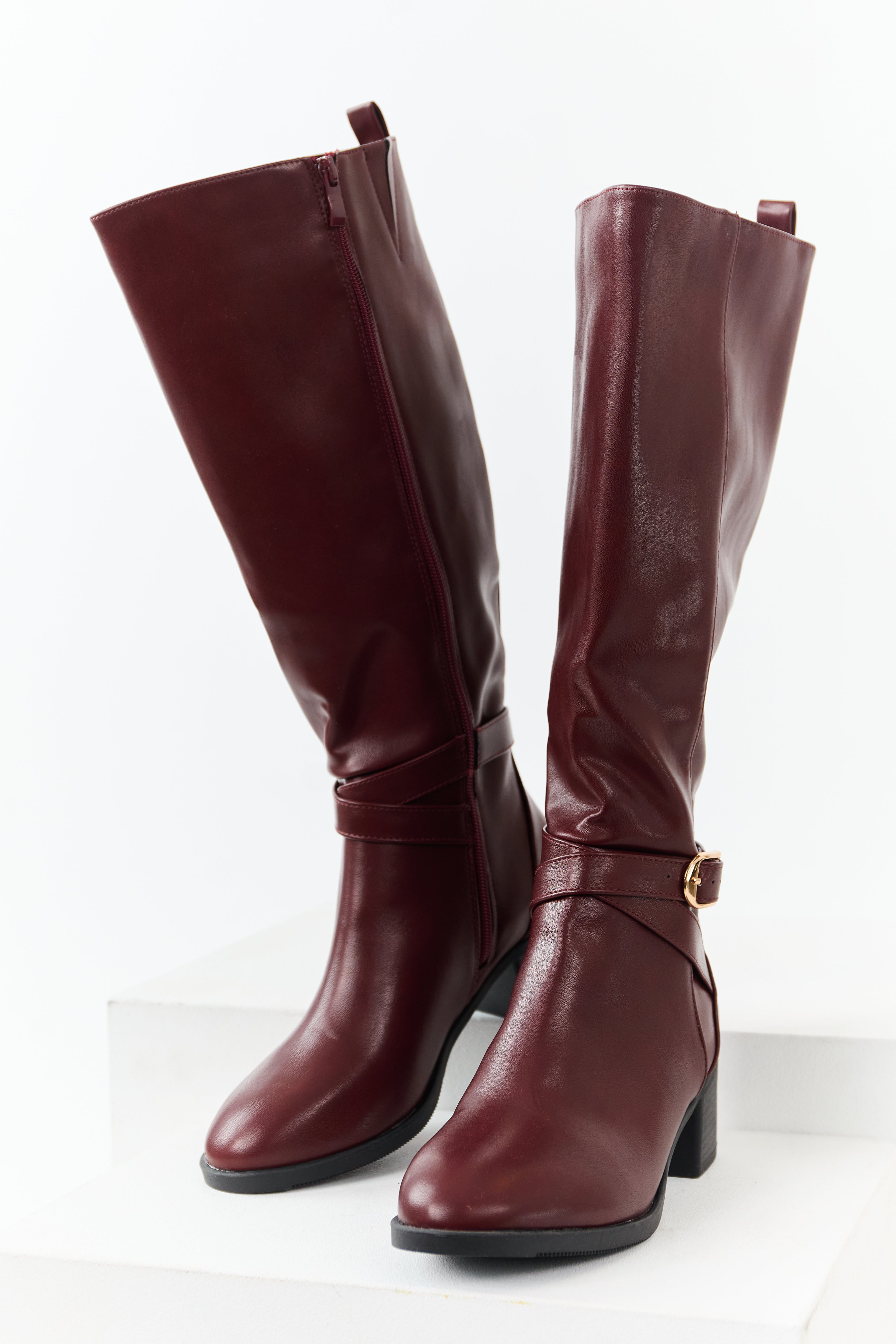 Mahogany Faux Leather Knee High Block Heel Boots