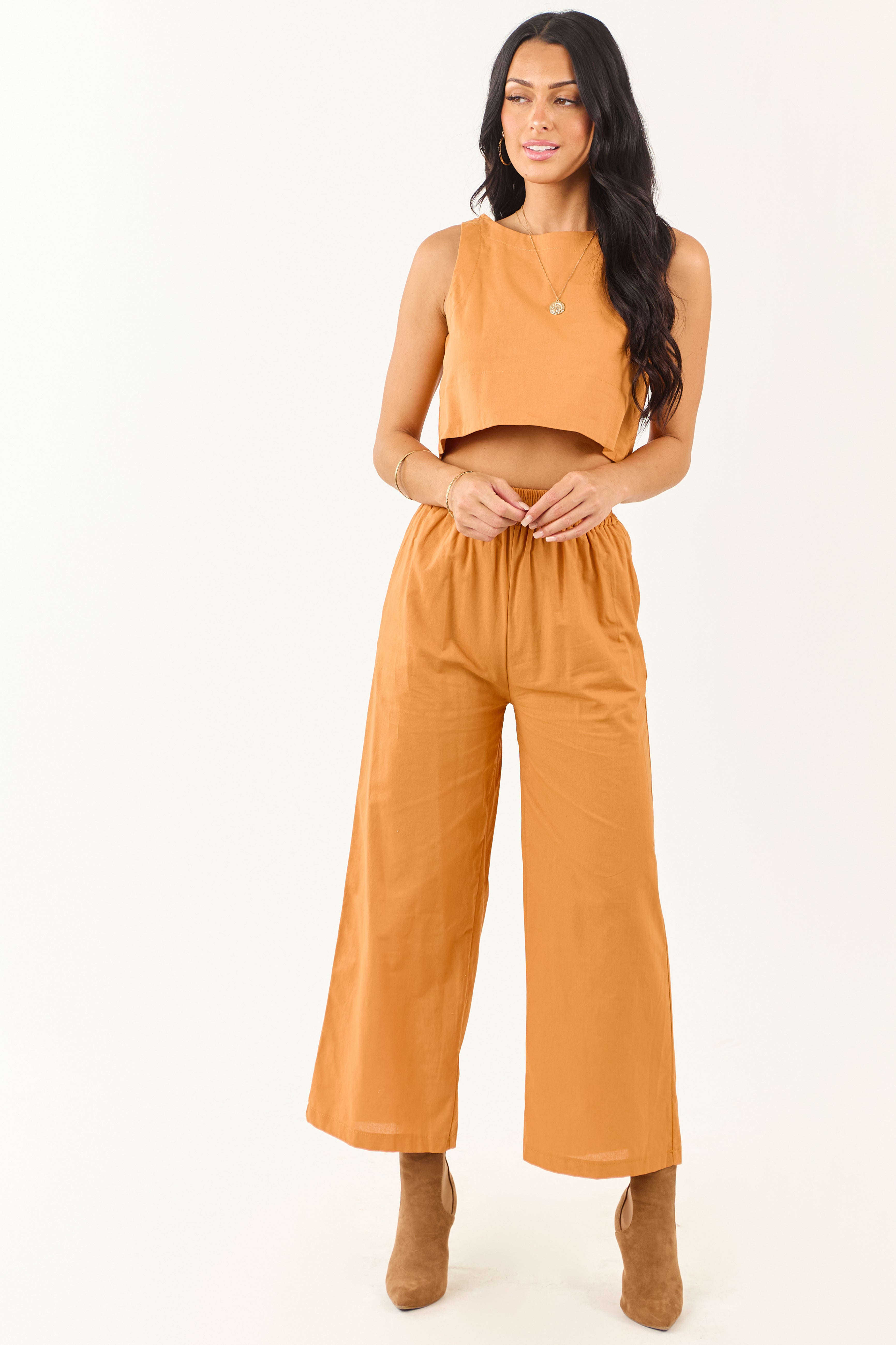 【MUAHMUAH】 CROP MTM WIDE PANTS SET UP Mango Cropped Tank Top and Wide Leg Pants Set | Lime Lush