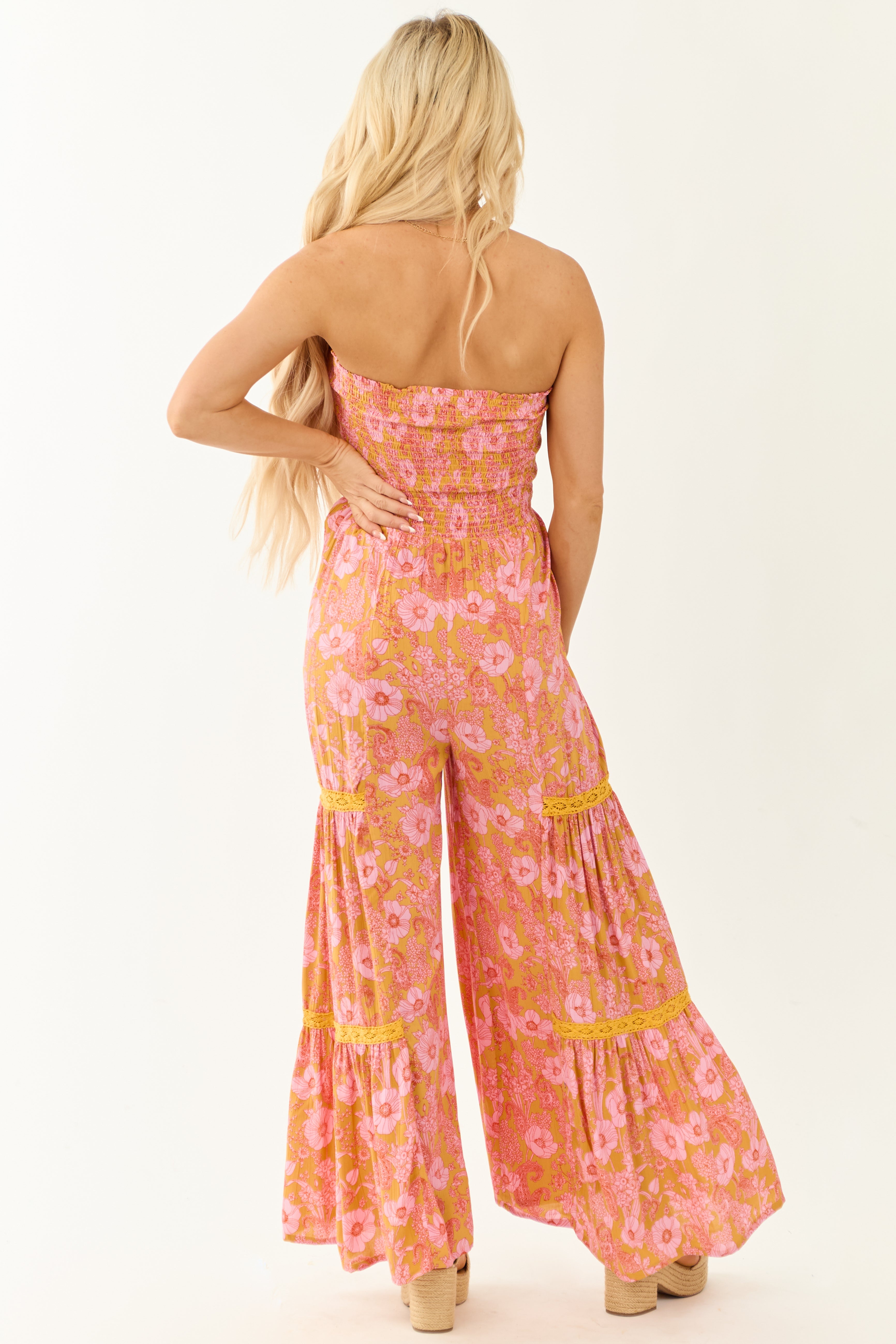 Marigold Floral Print Wide Leg Strapless Jumpsuit