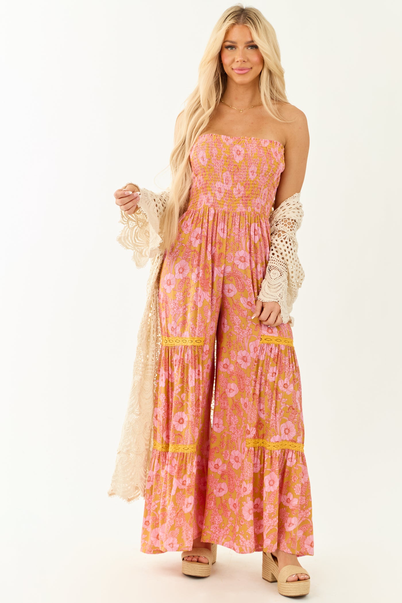 Marigold Floral Print Wide Leg Strapless Jumpsuit