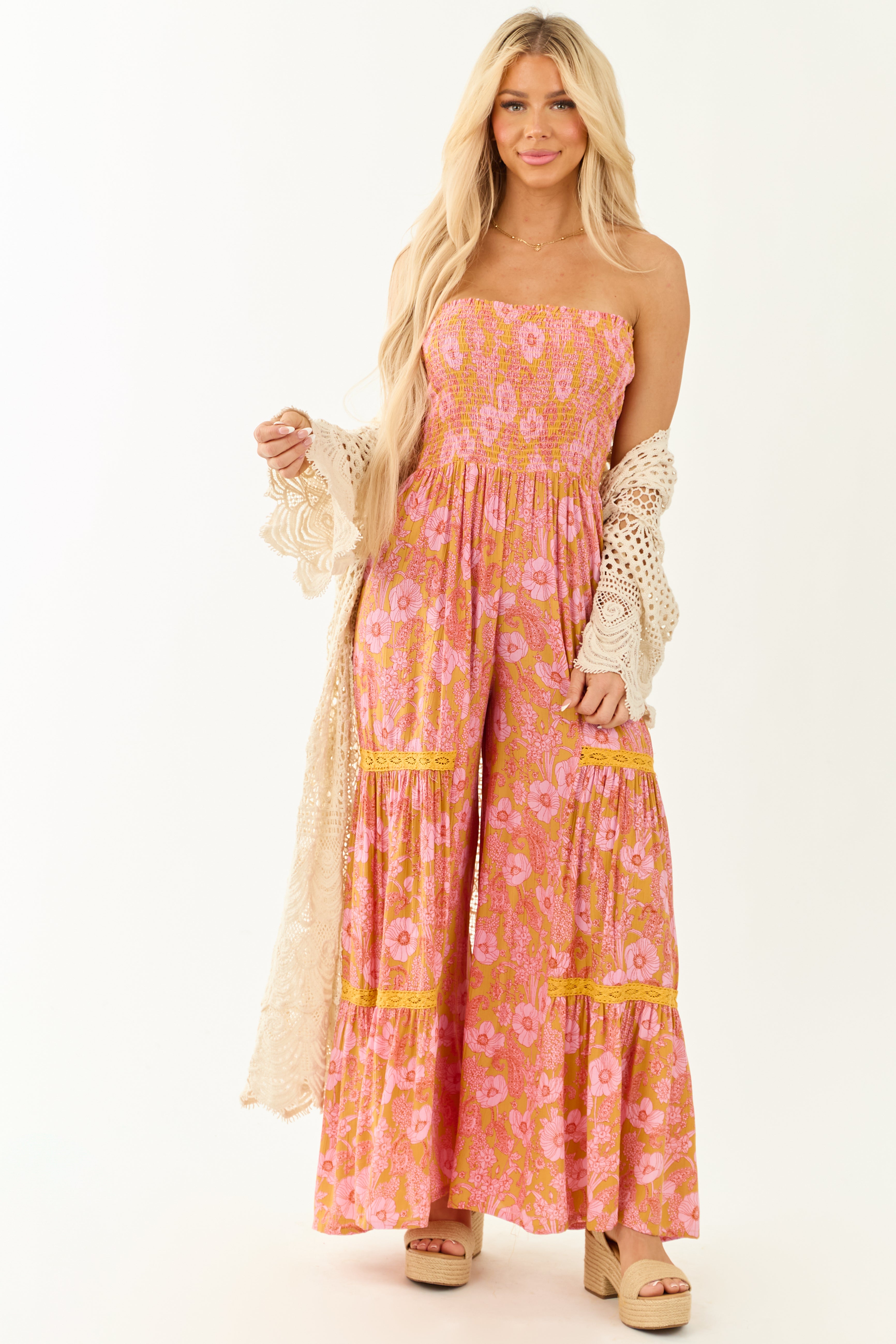 Marigold Floral Print Wide Leg Strapless Jumpsuit