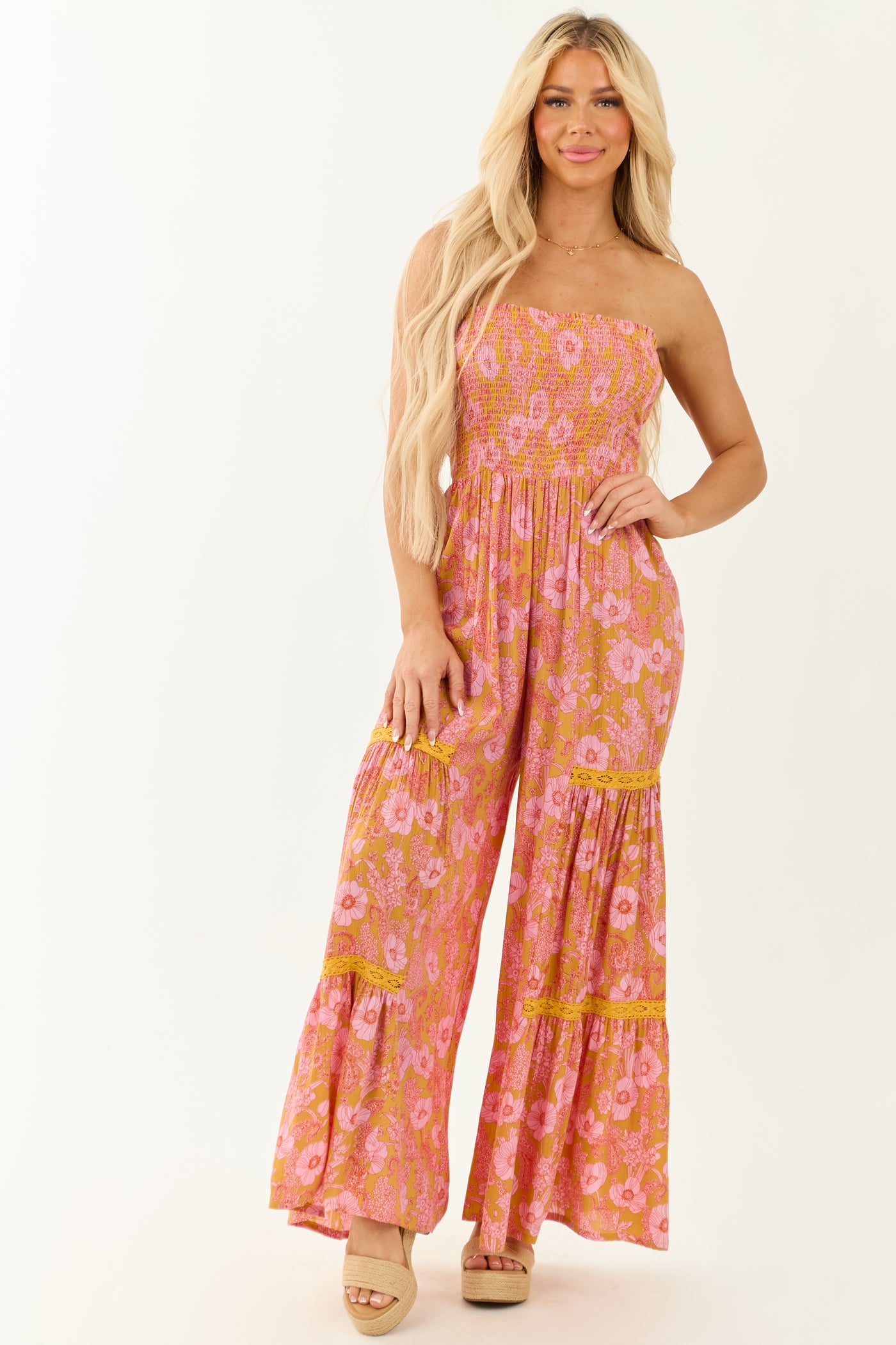 Marigold Floral Print Wide Leg Strapless Jumpsuit